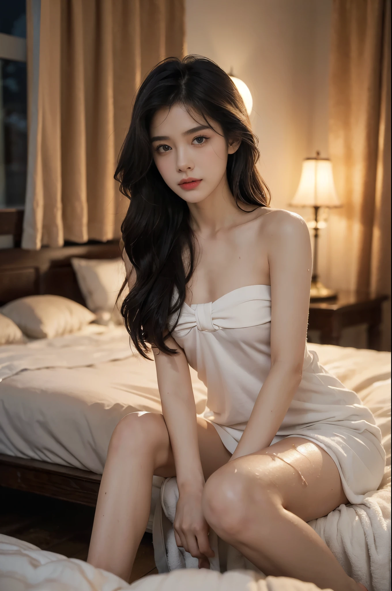 (((best quality))),(((ultra detailed))),(((masterpiece))),illustration,((a beautiful young girl,solo)),((slim,thin)),((small breasts,flat chest)),((sweat,wet)),(in dimly lit bedroom:1.5),(Extremely dark light:1.5),(after bath:1.2),(strapless towel dress:1.3),(long straight bob:1.2),((fair skin,detailed eyes)),bare legs,amber glow,soft shadows,steam,iron bed frame,nightstand,wardrobe,curtains,mystery,intimate setting,shivering,solitude,tranquility,(summer:1.2),(night scene:1.5),fiery passion,captured moment,snapshot,serene beauty,(sitting on the bed:1.3),((from front,upper body))
