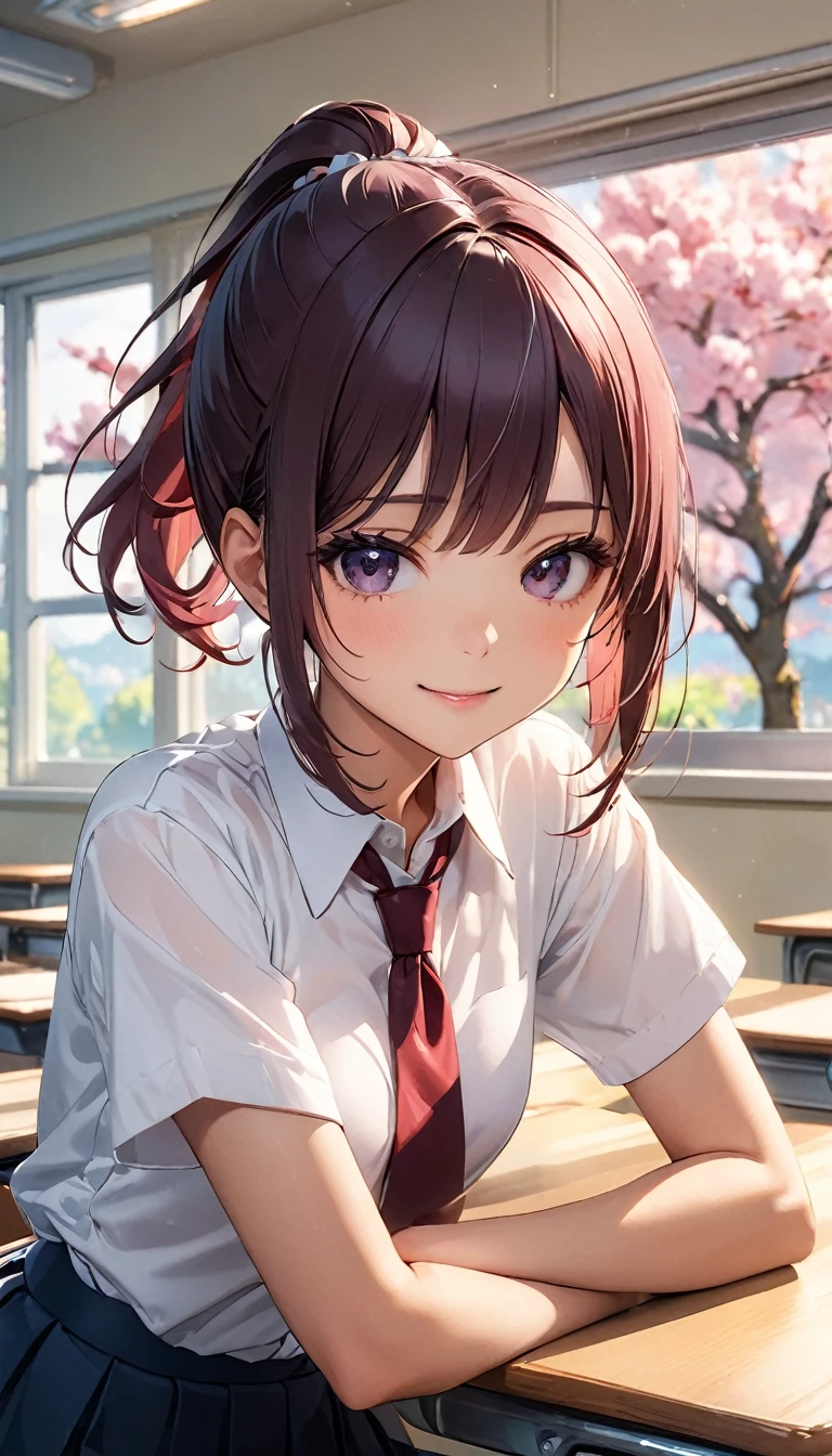 (masterpiece, Highest quality:1.2), 1 girl, alone、(Tabletop, Highest quality:1.2), 8k, 18-year-old, 85mm, Official Art, RAW Photos, Absurd, White dress shirt, Cute Face, close, Upper Body, Viola Lace, Gardenia, beautiful girl, (Dark red tie:1.1)、(Navy Pleated Skirt:1.1), Cinch waist, Thighs, Short sleeve, classroom, ponytail、short hair、short hair、sit on bench seat, Looking at the audience, No makeup, (smile:0.4), Film Grain, chromatic aberration, Sharp focus, Face Light, Bright lighting, , Detailed face, ((Background blur,日本の学校のclassroom、classroom、Cherry tree seen from the window))