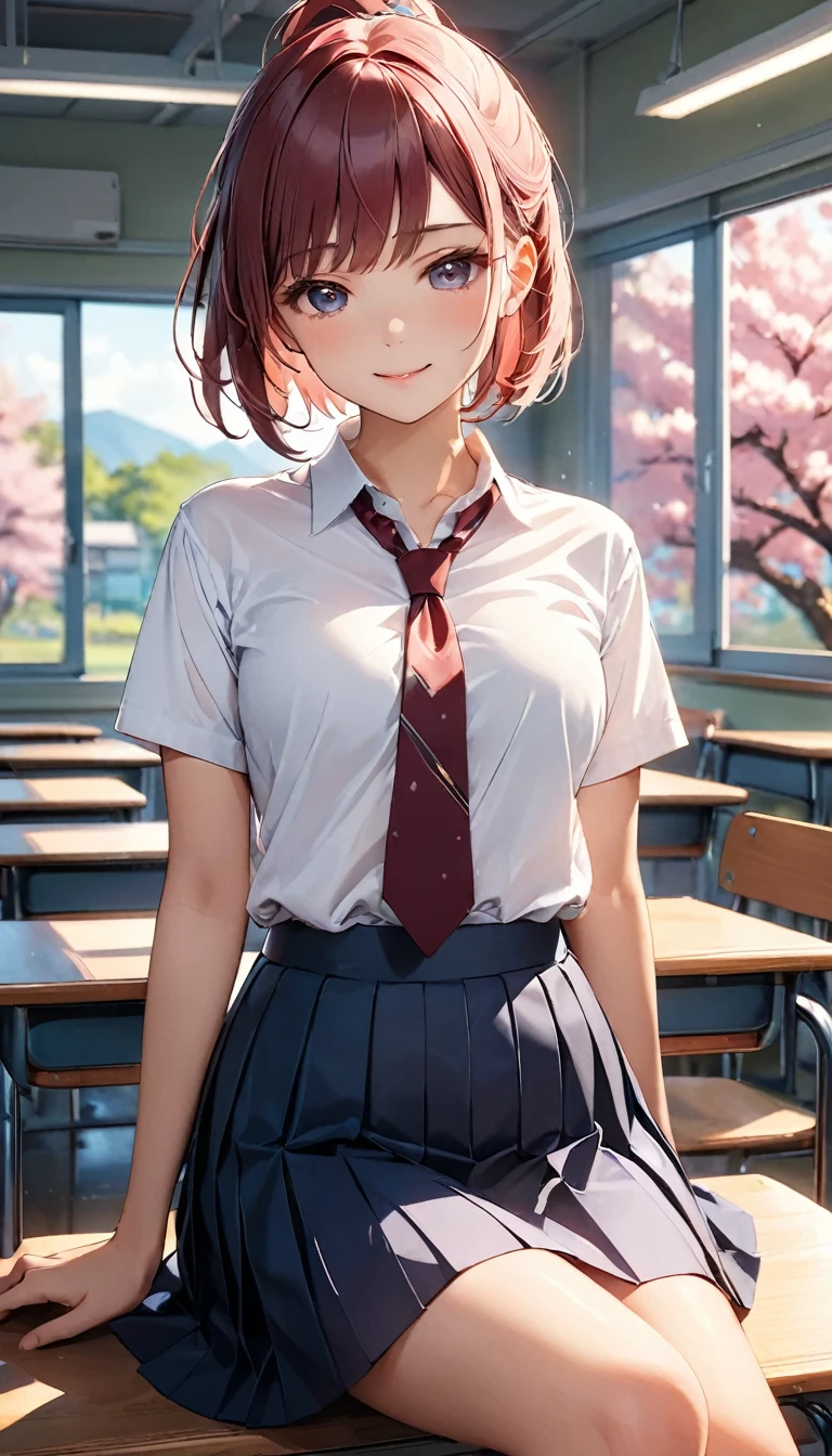 (masterpiece, Highest quality:1.2), 1 girl, alone、(Tabletop, Highest quality:1.2), 8k, 18-year-old, 85mm, Official Art, RAW Photos, Absurd, White dress shirt, Cute Face, close, Upper Body, Viola Lace, Gardenia, beautiful girl, (Dark red tie:1.1)、(Navy Pleated Skirt:1.1), Cinch waist, Thighs, Short sleeve, classroom, ponytail、short hair、short hair、sit on bench seat, Looking at the audience, No makeup, (smile:0.4), Film Grain, chromatic aberration, Sharp focus, Face Light, Bright lighting, Teen, Detailed face, ((Background blur,日本の学校のclassroom、classroom、Cherry tree seen from the window))