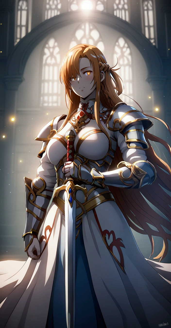 (harayutaka art style:0.7), (hero neisan art style:0.7), score_9, score_8_up, score_7_up, score_6_up, uncensored, Asuna Yuuki long hair, orange hair, fold hair, braid, orange eyes BREAK, glow effects, godrays, Hand drawn, render, 8k, octane render, cinema 4d, blender, dark, atmospheric 4k ultra detailed, cinematic, Sharp focus, big depth of field, Masterpiece, colors, 4k, concept art, trending on artstation, Vivid colors, extremely detailed CG unity 8k wallpaper, trending on CGSociety, Intricate, High Detail, dramatic BREAK, large breasts, holding, standing, weapon, female focus, sword, cape, holding weapon, armor, holding sword, shoulder armor, gauntlets, facing viewer, pauldrons, breastplate, planted, full armor, bokeh, backlighting, firefly, fireflies, hollow eyes, bright pupils, 