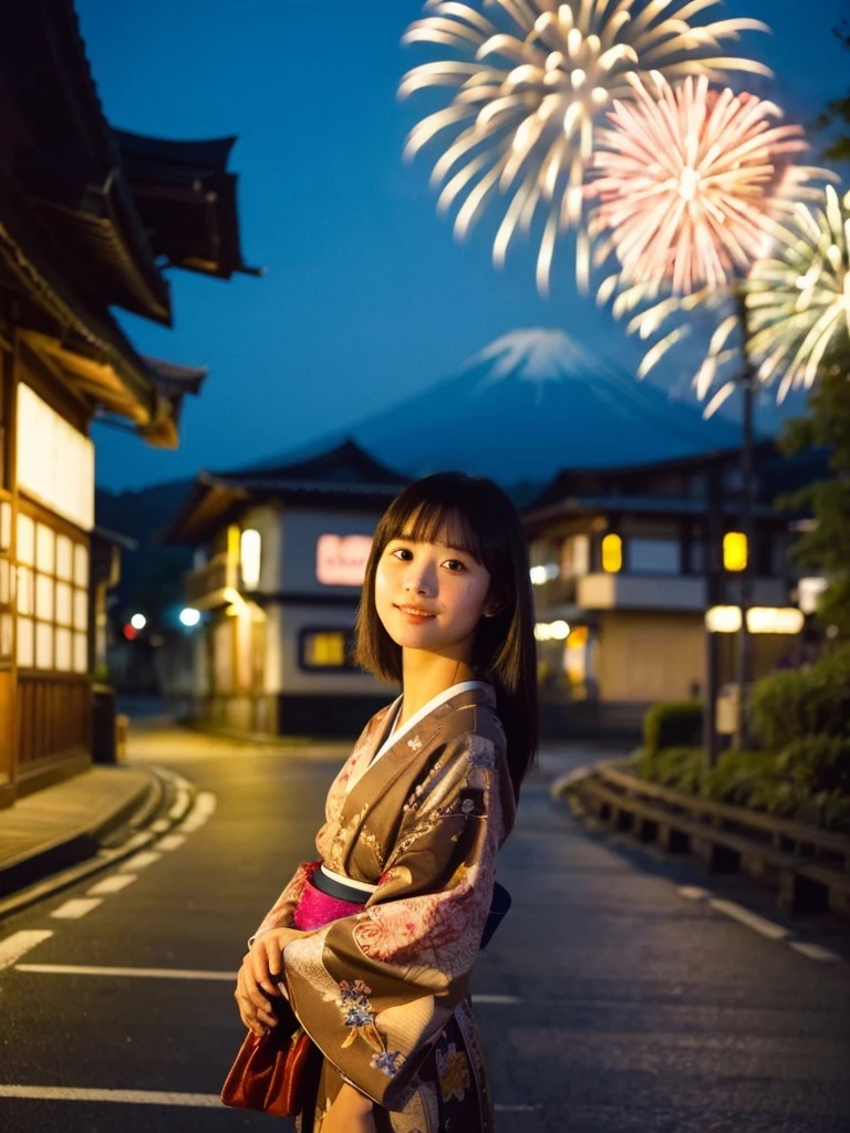 Mastepiece、highest quality、Portrait of a girl、You can see pores and skin texture in high resolution、An evening stroll along the bank、plain、night、firework、Image quality of SLR cameras、yukata、kimono,mt.fuji,