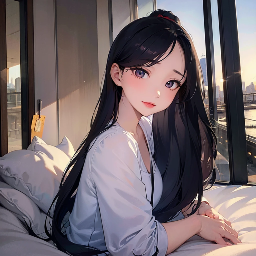 masterpiece, Best Quality, Very detailed, 1 girl beautiful face, Long black hair in a ponytail,  Very detailed eyes, bright Eyes, evening,   penis in the face, big penis, penis over one eye
