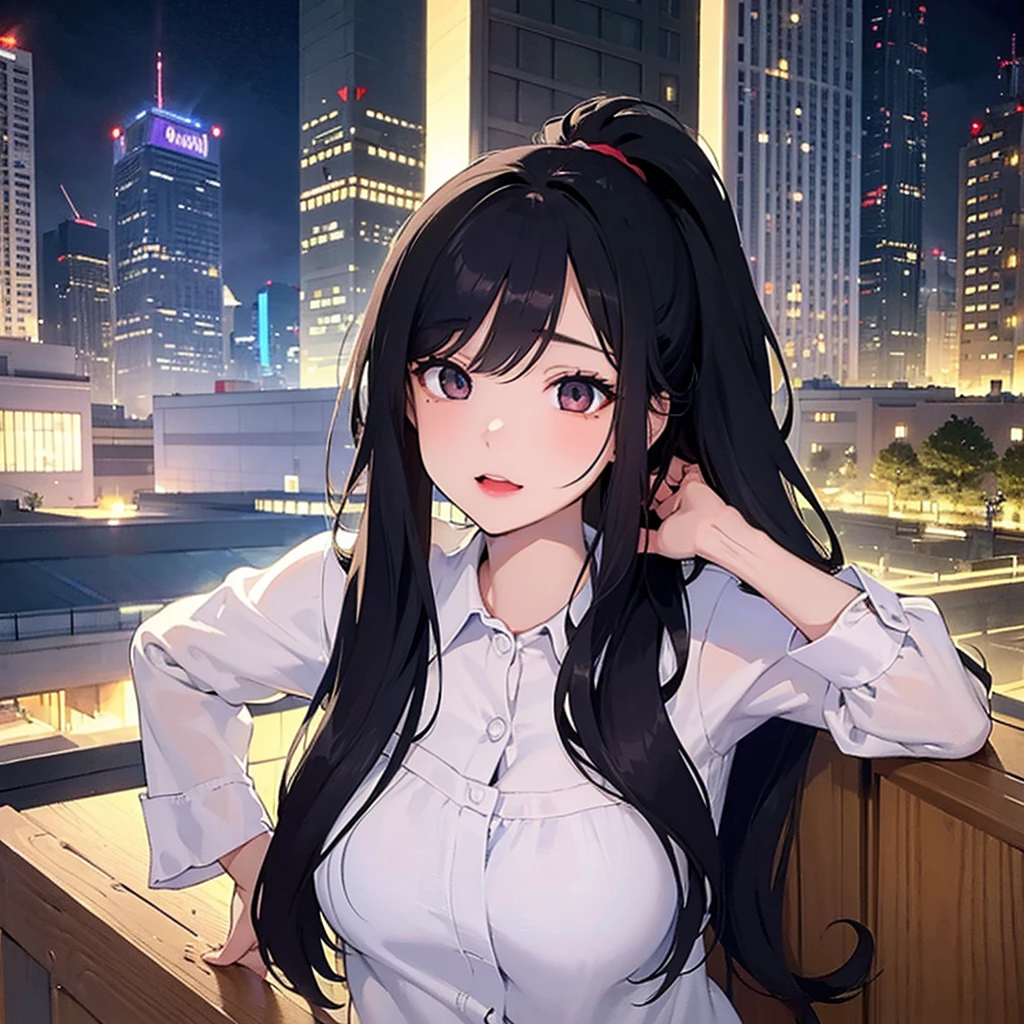 masterpiece, Best Quality, Very detailed, 1 girl beautiful face, Long black hair in a ponytail, Very detailed eyes, bright Eyes, evening, penis in the face, big penis, penis over one eye