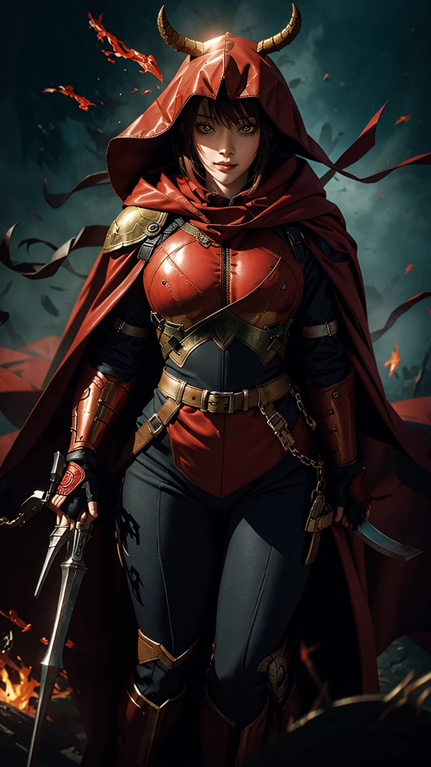 the soldier from hell, like green eyes on fire, demonic iron mask, giant red cape, full body armor!
