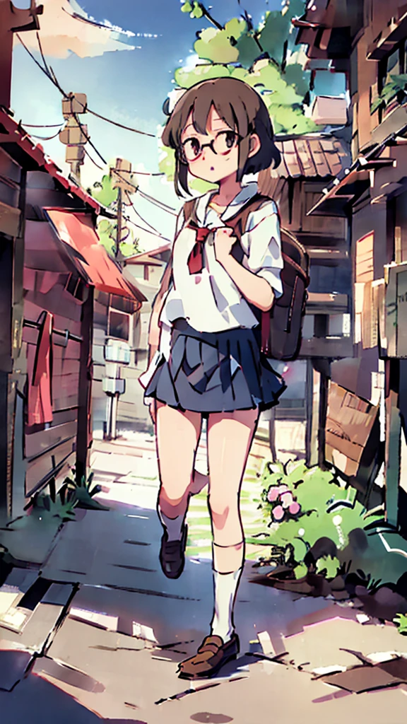 Nsfw、masterpiece, high quality, 4K, HDR,, Stable Diffusion prompt:  schoolgirl with short、brown hair and red-framed glasses, wearing a white blouse and navy skirt, white panties visible, navy socks and brown loafers, in a state of arousal and trembling with sexual climax,simple illustration style, in a nichijou (everyday life) setting