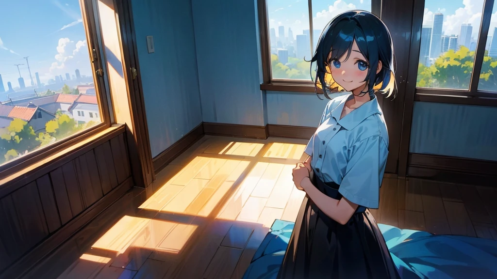 beautiful girl、morning、blue sky、Open the window in the room、Expectant smile