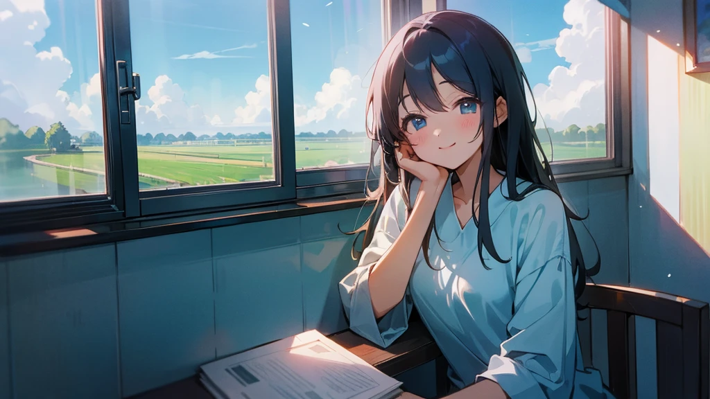 beautiful girl、morning、blue sky、Open the window in the room、Expectant smile