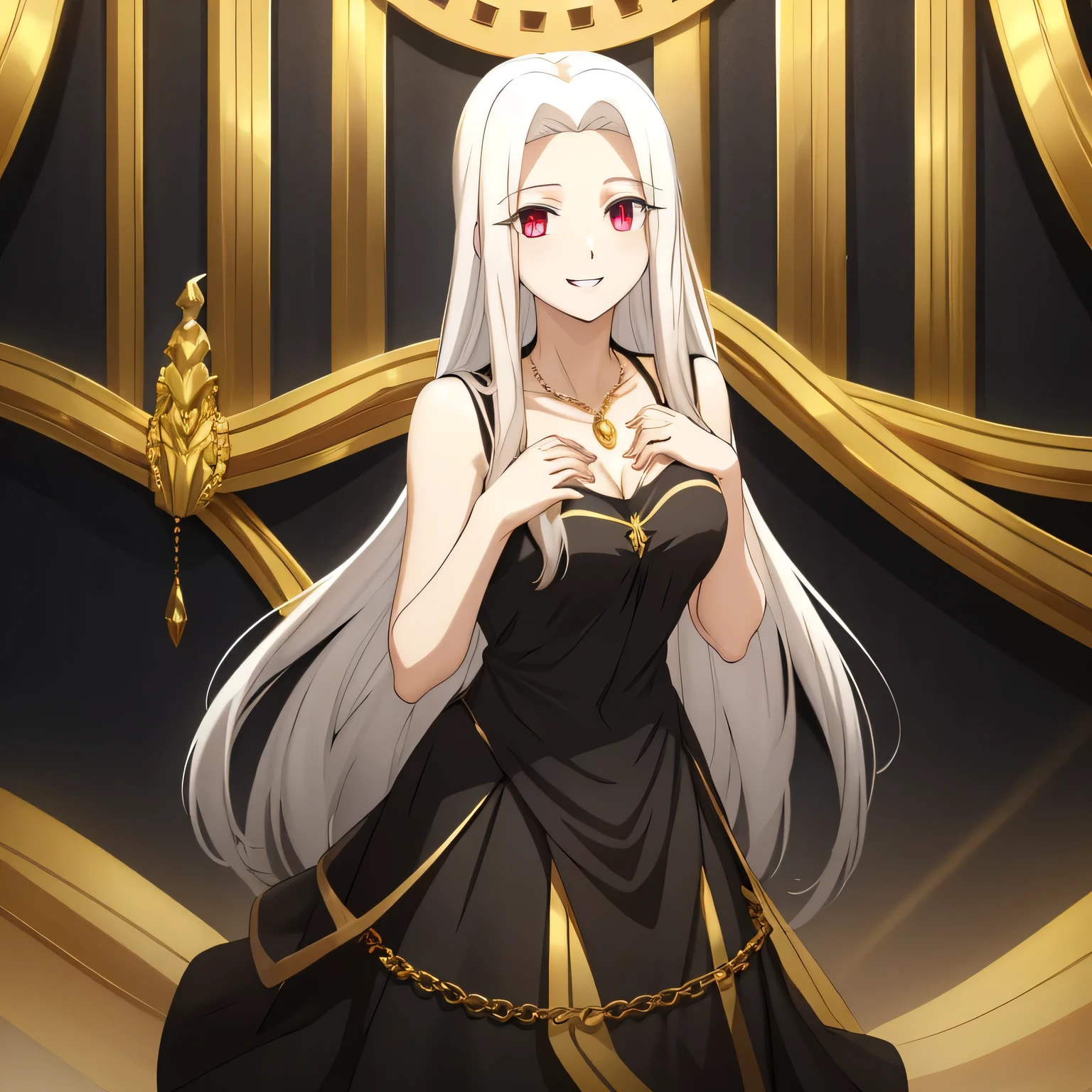 Irisviel,black with golden dress sleeveless,solo,looking at viewer,beautiful smile,arm at side,middle size of breast,beautiful necklace,hands up with laughs,