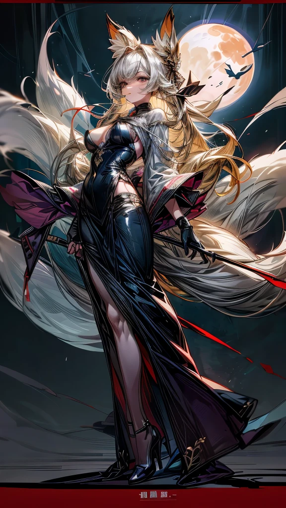 watercolor,pixiv,Han Manfeng,Castlevania style,Gothic ,Hades style,in the style of Atey Ghailan, 90s comic book covers, 2D game illustration style, Full body portrait, Anime Aesthetics.(Nine-tailed Fox,Fox Girl,Royal sister,With silver blonde hair, Long hair and big eyes,The coccyx has nine fox tails and long legs wearing high heels,Sexy,Big breasts,Ethereal,Charming black gloves)Close shot,Mid-shot,Anime art style, Moonlight Background, Dark Fantasy,Ultra-clear,Exquisite details