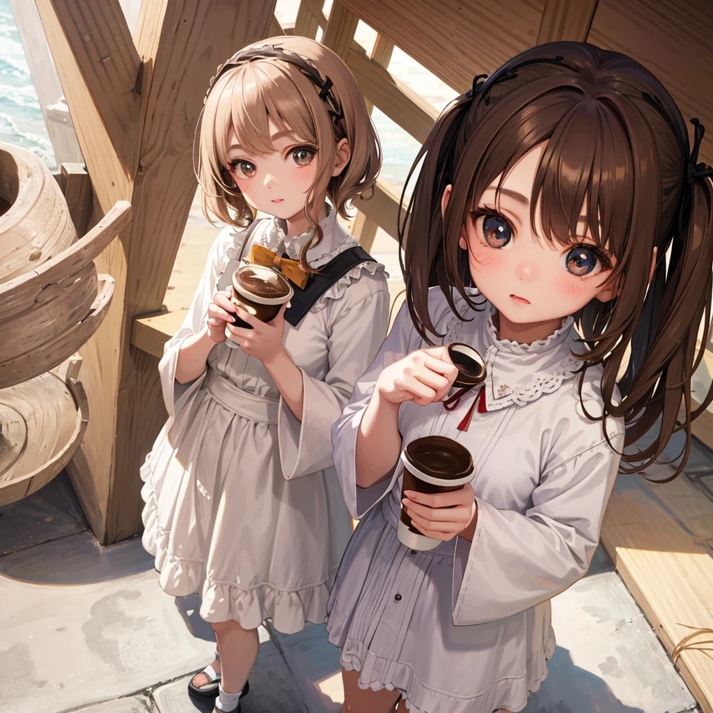 A young girl holds a cup of coffee in her hands, Girl Cute - Delicate Face, Cute and natural anime face, With a cute and delicate face, Sakimi Chen, Chiho, Yoshitomo Nara, Young cute face, Beautiful Japanese girl face, Brown hair and big eyes, Cute kawaii girl, Beautiful bright big eyes