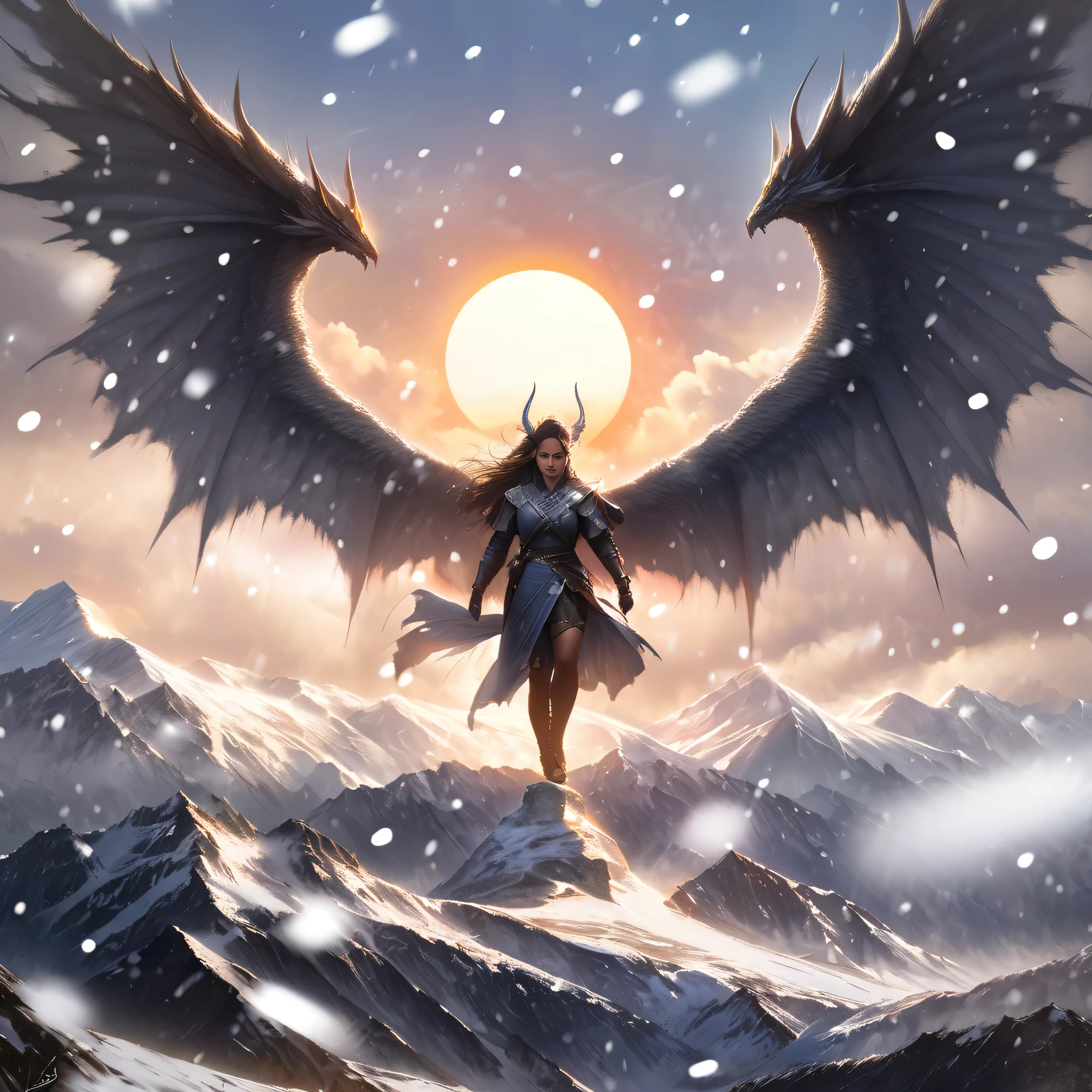 extreme long shot, heroic view, BREAK, A silver dragon with (2 wings) on a cloud shrouded mountain top, ((((falling snow )))), BREAK, BREAK, mystical creature, realistic, ultra detailed, majestic, masterpiece, dynamic pose, sun rise lighting, snowy mountain top background