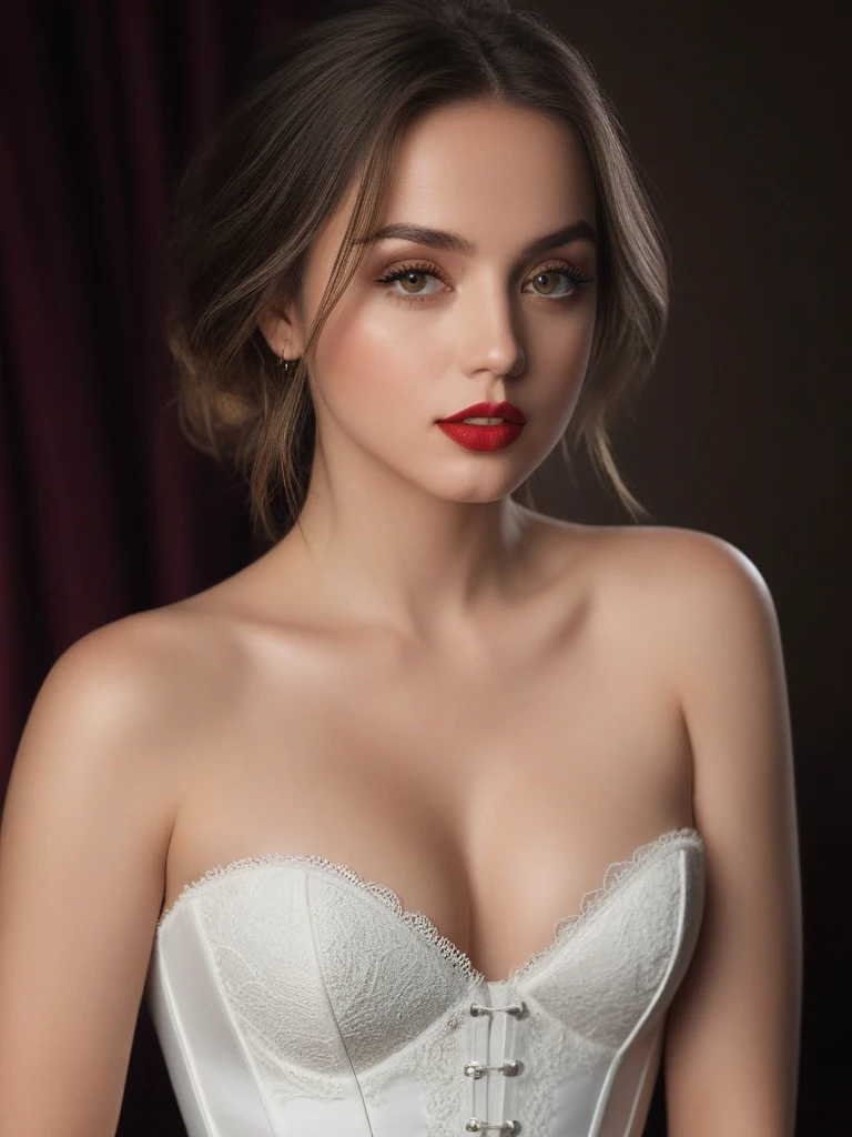 (best quality,4k,8k,highres,masterpiece:1.2),ultra-detailed,(realistic,photorealistic,photo-realistic:1.37),beautiful eyes,beautiful lips,detailed face,red lipstick,gorgeous woman,white dress,elegant fashion model,elegant look,long eyelashes,confident expression,flawless skin,posing gracefully,head to stomach shot, black lace strapless corset, medium Breasts,flowing fabric,soft and silky material,graceful movement,vibrant colors,artistic lighting,studio photo shoot, dreamy atmosphere