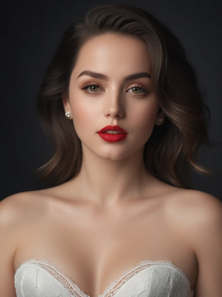 (best quality,4k,8k,highres,masterpiece:1.2),ultra-detailed,(realistic,photorealistic,photo-realistic:1.37),beautiful eyes,beautiful lips,detailed face,red lipstick,gorgeous woman,white dress,elegant fashion model,elegant look,long eyelashes,confident expression,flawless skin,posing gracefully,head to stomach shot, black lace strapless corset, medium Breasts,flowing fabric,soft and silky material,graceful movement,vibrant colors,artistic lighting,studio photo shoot, dreamy atmosphere