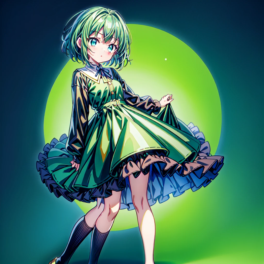 1girl、Simple green background、(((Highest quality、Masterpiece、Official Art、Super detailed、Golden Ratio、Anime Style、The best dynamic composition)))、Keyakizaka46、Silent Majority、Dark green dress、A-type dress、Above the knee、Black knee-high socks、Black Loafers、uniform、Red ribbon on chest、White shirt、Face close-up、Black hair color、Shortcuts、