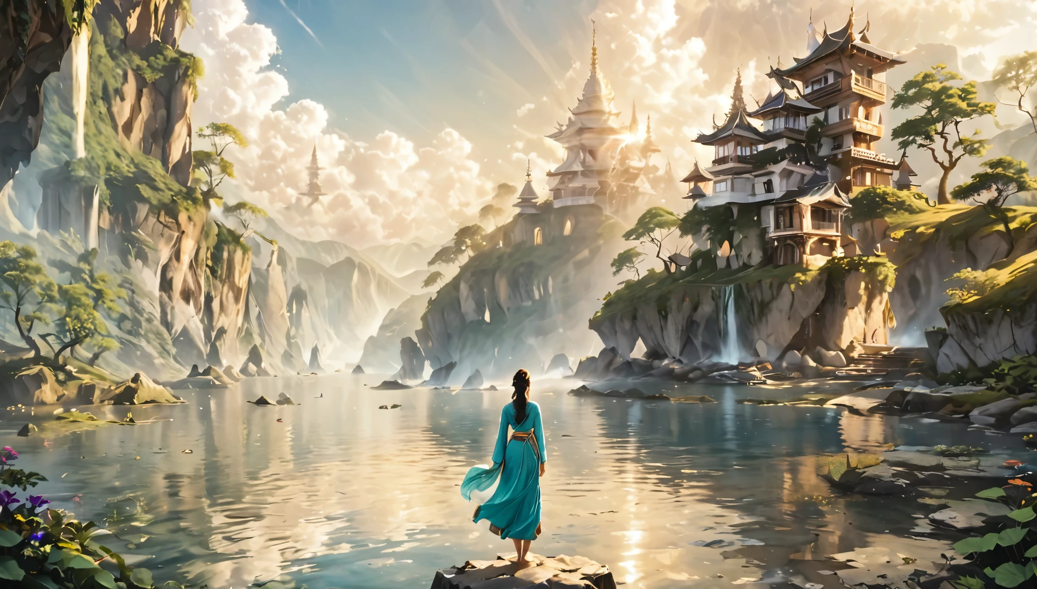 Namaste. Person meditating. Loose Clothes. dreamlike and fantasy world. Feeling of Fullness. details Intricate. cinematic lighting.