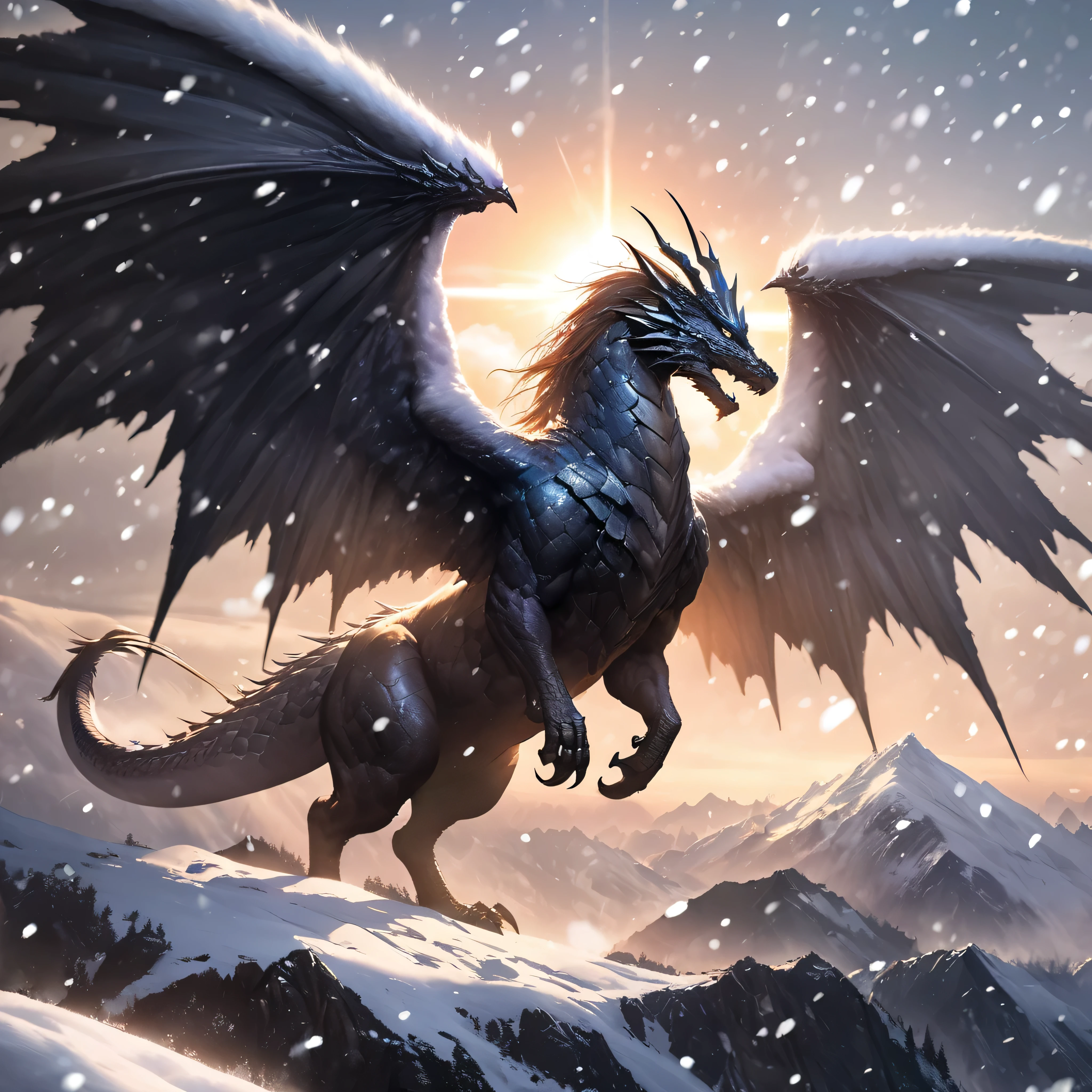 extreme long shot, heroic view, BREAK, A silver dragon with (2 wings) on a cloud shrouded mountain top, ((((falling snow )))), BREAK, BREAK, mystical creature, realistic, ultra detailed, majestic, masterpiece, dynamic pose, sun rise lighting, snowy mountain top background