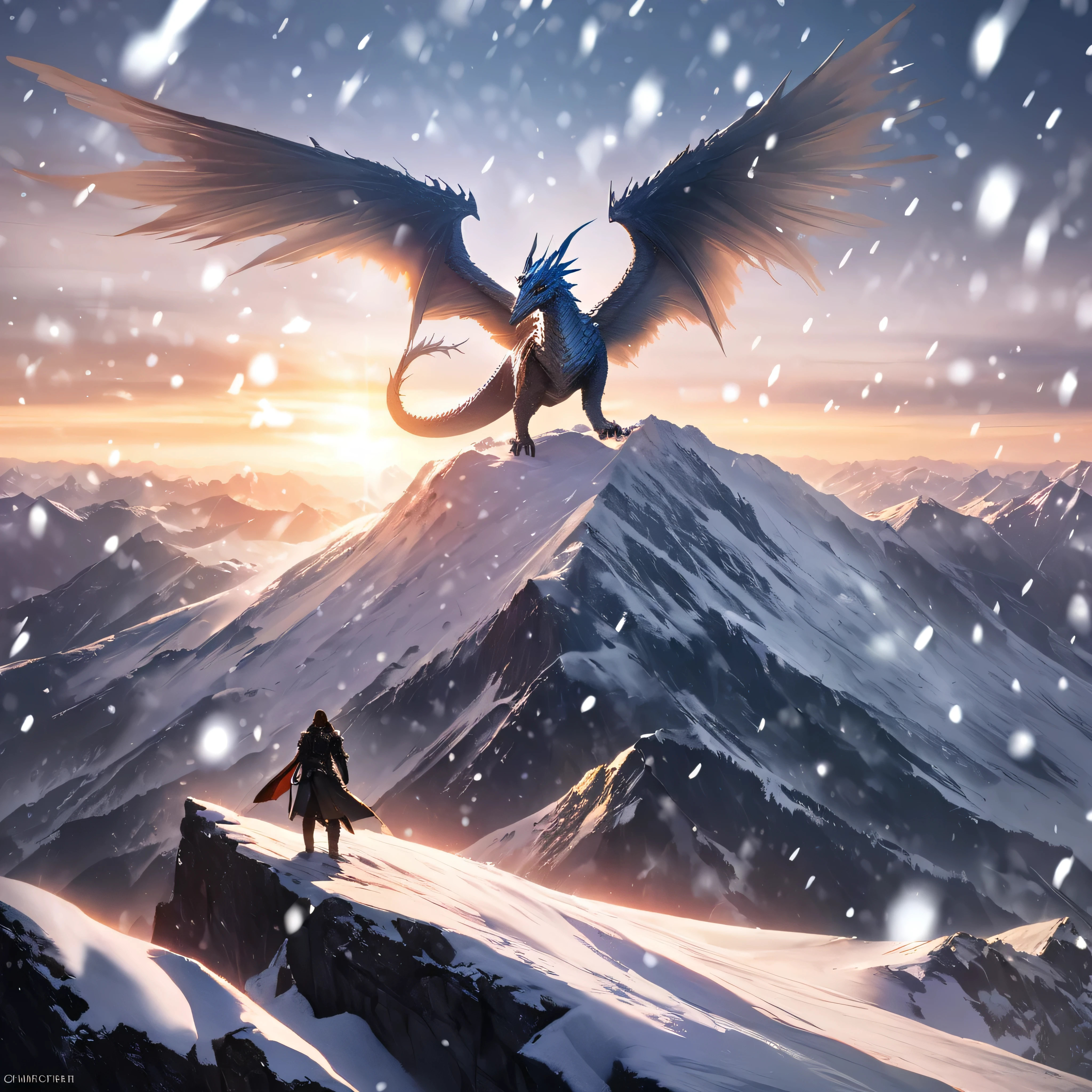 extreme long shot, heroic view, BREAK, A silver dragon with (2 wings) on a cloud shrouded mountain top, ((((falling snow )))), BREAK, BREAK, mystical creature, realistic, ultra detailed, majestic, masterpiece, dynamic pose, sun rise lighting, snowy mountain top background