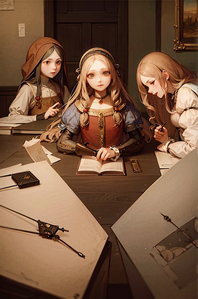 Scholars studying Leonardo da Vinci's notebooks、The notebook is spread out on an old wooden table and several scholars are reading it with serious expressions.、The scholars are holding magnifying glasses and pens, some of them taking notes.、In the background is a bookshelf lined with old books and documents.、The atmosphere in the room is classic.、Warm lighting illuminates the notebook