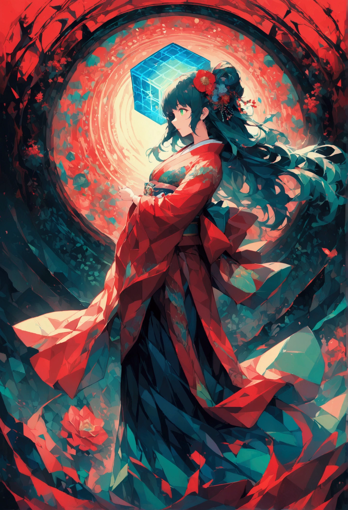 masterpiece, (beautifully、aesthetic:1.5), Surrealism, Very detailed, anime, A profile picture of a girl, wear Kimono, Her hair was adorned with beautiful ornaments, Long Hair, Green Eyes, Red and navy blue color palette, Hard brush, Binary Code Effect, Minimalist low poly collage illustration, Painting effect, Dark ink, saturated color, Hypercube, Pixel Sorting, A magnificent composition, Epic proportions, Dynamic Lighting, High resolution