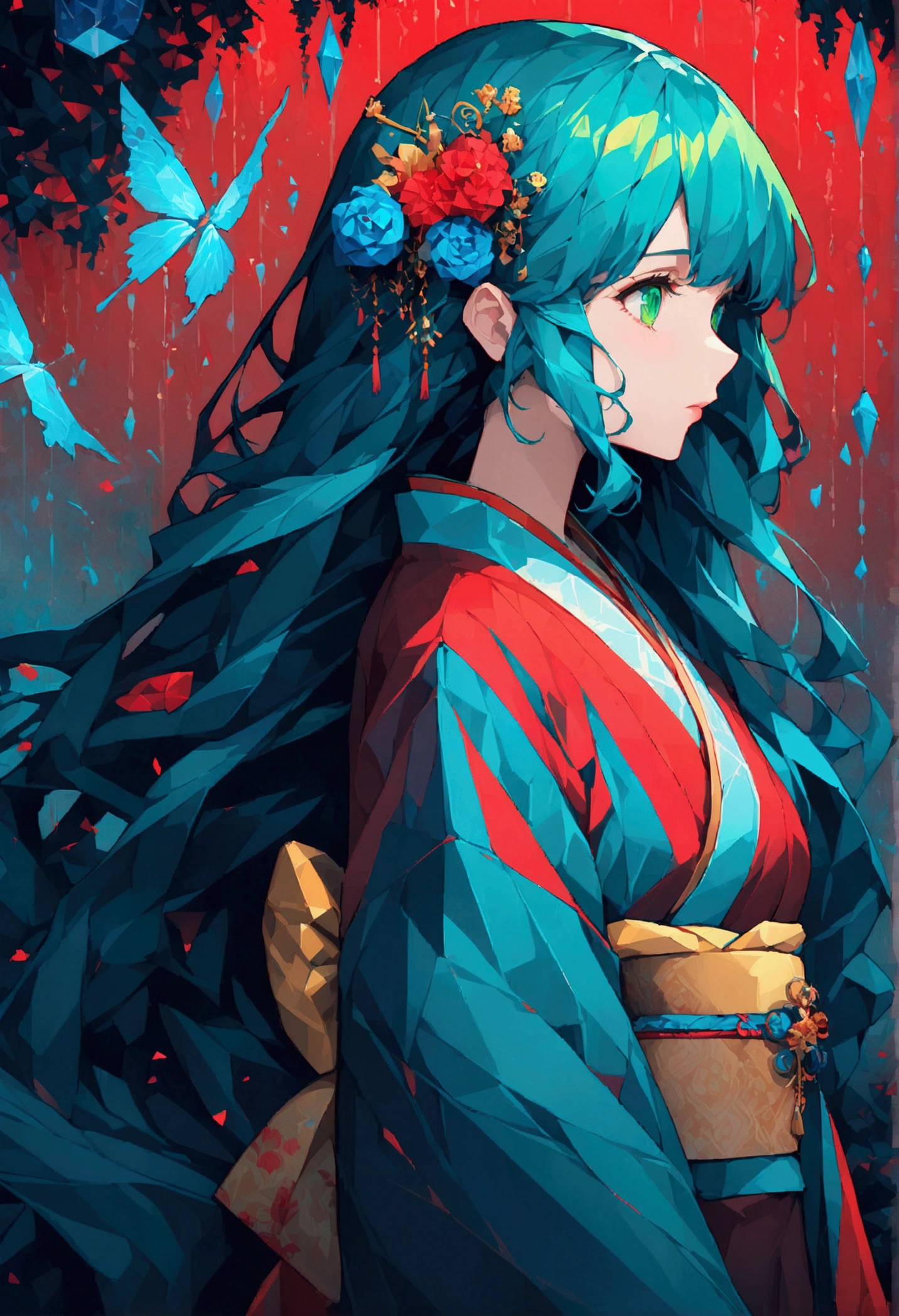 masterpiece, (beautifully、aesthetic:1.5), Surrealism, Very detailed, anime, A profile picture of a girl, wear Kimono, Her hair was adorned with beautiful ornaments, Long Hair, Green Eyes, Red and navy blue color palette, Hard brush, Binary Code Effect, Minimalist low poly collage illustration, Painting effect, Dark ink, saturated color, Hypercube, Pixel Sorting, A magnificent composition, Epic proportions, Dynamic Lighting, High resolution