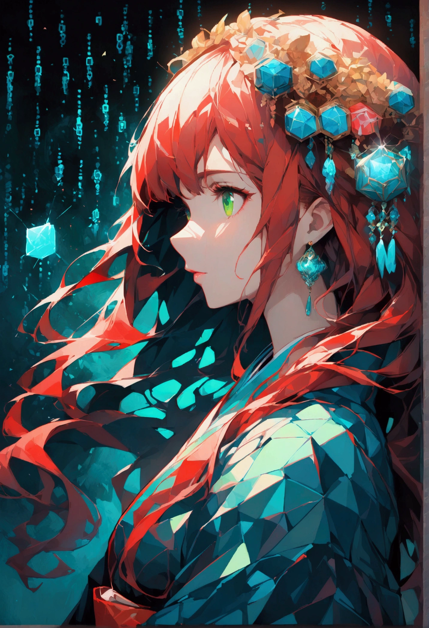 masterpiece, (beautifully、aesthetic:1.5), Surrealism, Very detailed, anime, A profile picture of a girl, wear Kimono, Her hair was adorned with beautiful ornaments, Long Hair, Green Eyes, Red and navy blue color palette, Hard brush, Binary Code Effect, Minimalist low poly collage illustration, Painting effect, Dark ink, saturated color, Hypercube, Pixel Sorting, A magnificent composition, Epic proportions, Dynamic Lighting, High resolution