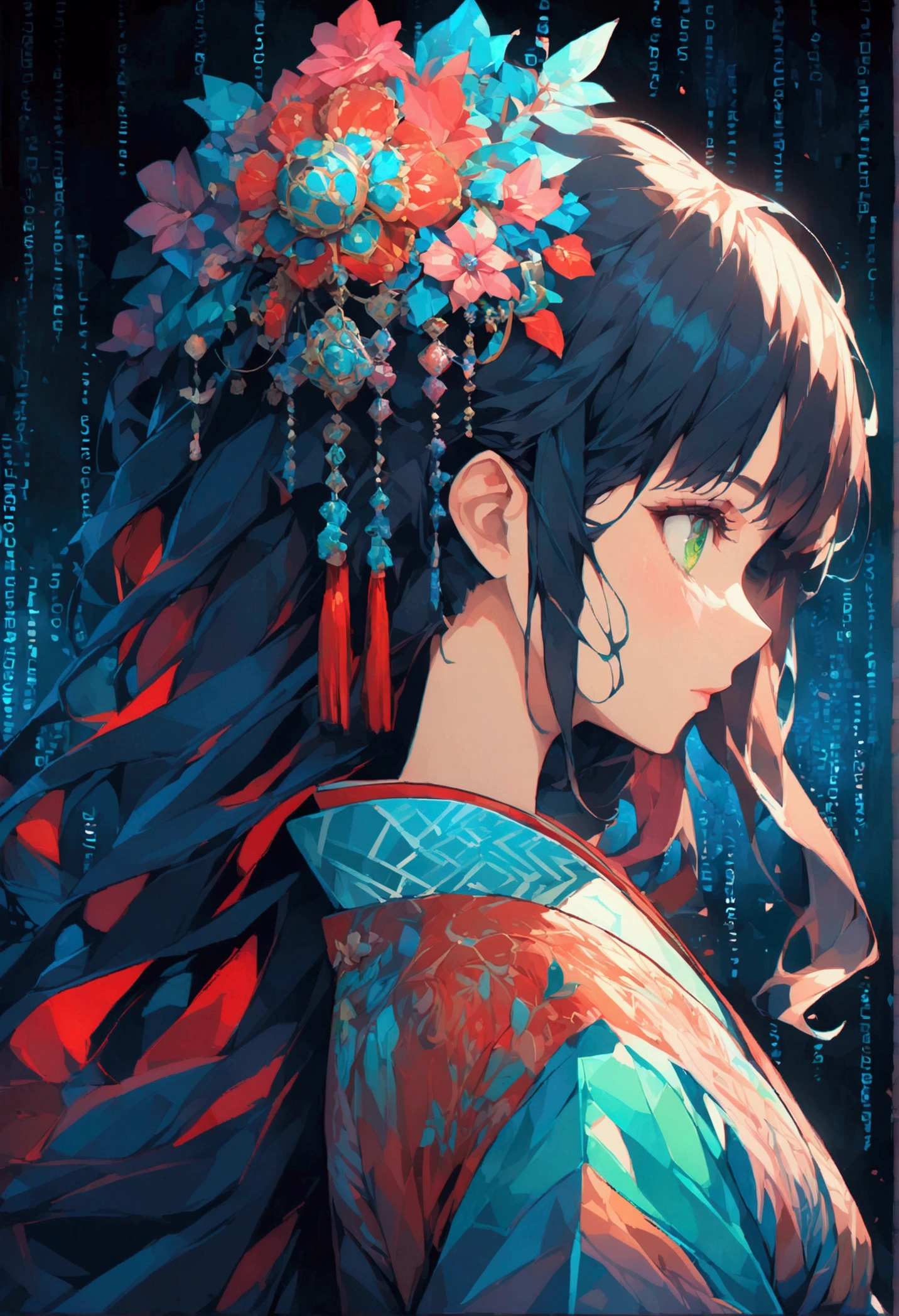 masterpiece, (beautifully、aesthetic:1.5), Surrealism, Very detailed, anime, A profile picture of a girl, wear Kimono, Her hair was adorned with beautiful ornaments, Long Hair, Green Eyes, Red and navy blue color palette, Hard brush, Binary Code Effect, Minimalist low poly collage illustration, Painting effect, Dark ink, saturated color, Hypercube, Pixel Sorting, A magnificent composition, Epic proportions, Dynamic Lighting, High resolution