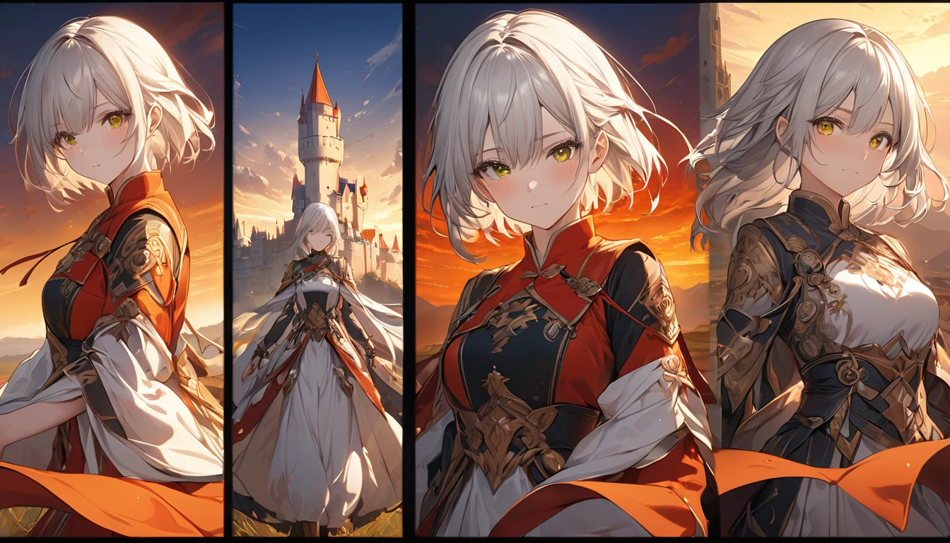 **181. One person。Major plot progression。girl。Cowboy shot or close-up。masterpiece, best quality, ultra detailed (Detailed fingers), (Emotional), (main part: 1.2 Whole body。), (Anime Style), (Very detailed), (超High resolution, High resolution), (8k), (High resolution: 1.2), (Complex and beautiful: 1.2)**
- background: A vast plain dyed in the sunset、Castle visible in the distance。
- girl: Delicately drawn adventurer-style equipment、Golden eyes and silver hair。
-pose: Standing against the background、With a determined gaze forward。
-expression: A calm and determined expression、His gaze is fixed on the castle。
- Effects: The light of the setting sun highlights her silhouette。
-color: The red and orange of the sunset contrasts with the green of the plains.、Create a dramatic atmosphere。