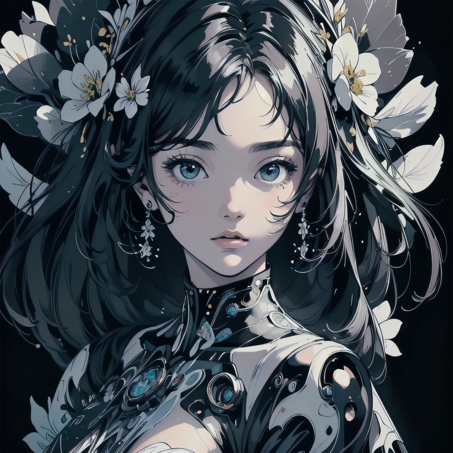 (((Masterpiece, top quality))), (((32K wallpaper))), ultra high resolution, Woman covered with flowers all over, (((A woman whose flowers bloom from her whole body))), Filled with a large number of flowers, (((Black and white only))), line drawing, (((Whole body is a futuristic ultra detailed and complex machine))), small breasts, Bright eyes, highlights, ultra detailed eyes, beautiful face, (((cowboy shot))), (((Background white only)))