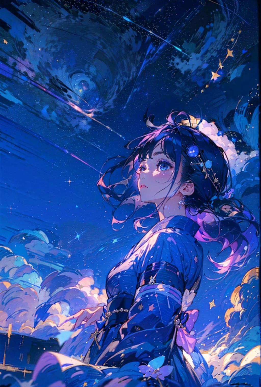 1girl,solo,cool,yukata,perfect face,perfect fingers,look up,she is seeing the sky,star night,starry night,low angle,fanxing,fantastic