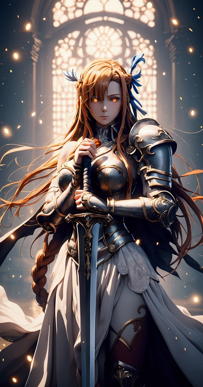 (harayutaka art style:0.7), (hero neisan art style:0.7), score_9, score_8_up, score_7_up, score_6_up, uncensored, Asuna Yuuki long hair, orange hair, fold hair, braid, orange eyes BREAK, glow effects, godrays, Hand drawn, render, 8k, octane render, cinema 4d, blender, dark, atmospheric 4k ultra detailed, cinematic, Sharp focus, big depth of field, Masterpiece, colors, 4k, concept art, trending on artstation, Vivid colors, extremely detailed CG unity 8k wallpaper, trending on CGSociety, Intricate, High Detail, dramatic BREAK, large breasts, holding, standing, weapon, female focus, sword, cape, holding weapon, armor, holding sword, shoulder armor, gauntlets, facing viewer, pauldrons, breastplate, planted, full armor, bokeh, backlighting, firefly, fireflies, hollow eyes, bright pupils,