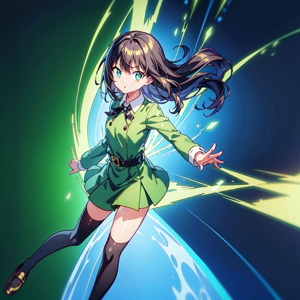 1girl、Simple green background、(((Highest quality、Masterpiece、Official Art、Super detailed、Golden Ratio、Anime Style、The best dynamic composition)))、Keyakizaka46、Silent Majority、Dark green dress、A-type dress、Above the knee、Black knee-high socks、Black Loafers、uniform、Red ribbon on chest、White shirt、Face close-up、Black hair color、Shortcuts、