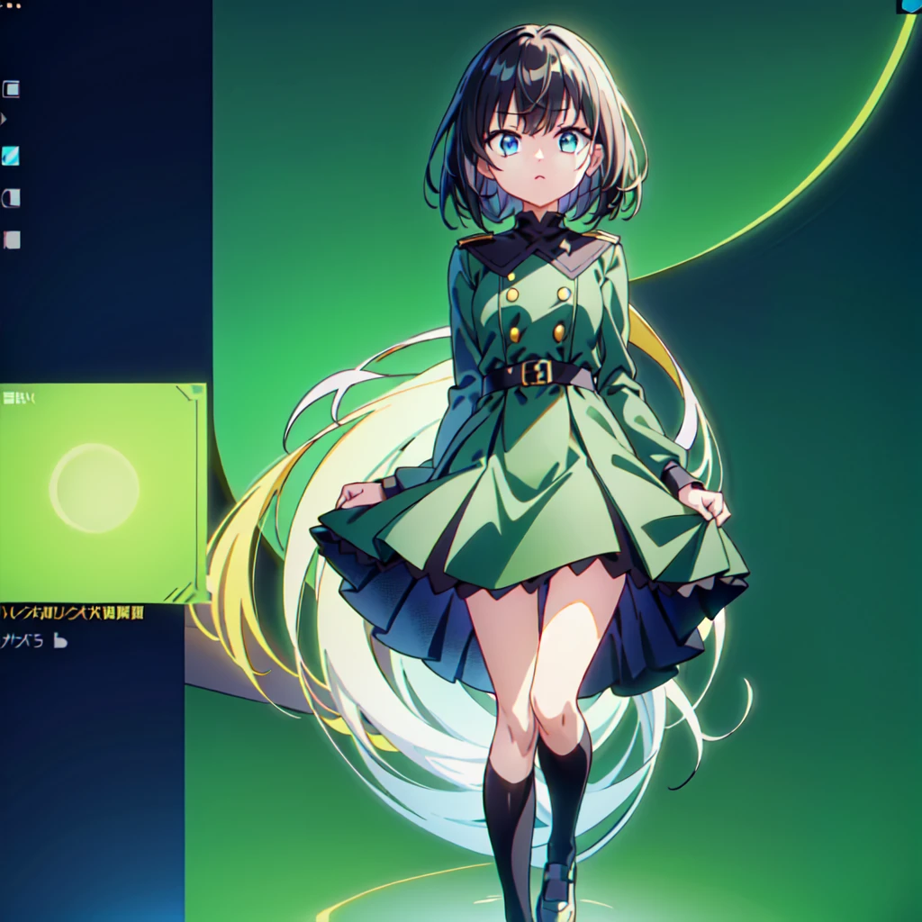 1girl、Simple green background、(((Highest quality、Masterpiece、Official Art、Super detailed、Golden Ratio、Anime Style、The best dynamic composition)))、Keyakizaka46、Silent Majority、Dark green dress、A-type dress、Above the knee、Black knee-high socks、Black Loafers、uniform、Red ribbon on chest、White shirt、Face close-up、Black hair color、Shortcuts、