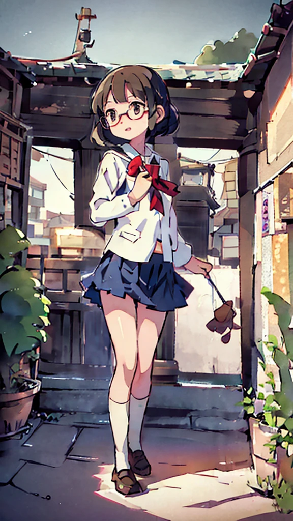 Nsfw、masterpiece, high quality, 4K, HDR,, Stable Diffusion prompt: schoolgirl with short、brown hair and red-framed glasses, wearing a white blouse and navy skirt, white panties visible, navy socks and brown loafers, in a state of arousal and trembling with sexual climax,simple illustration style, in a nichijou (everyday life) setting