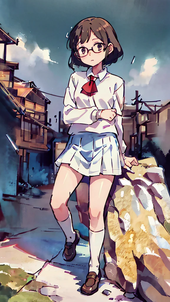 Nsfw、masterpiece, high quality, 4K, HDR,, Stable Diffusion prompt: schoolgirl with short、brown hair and red-framed glasses, wearing a white blouse and navy skirt, white panties visible, navy socks and brown loafers, in a state of arousal and trembling with sexual climax,simple illustration style, in a nichijou (everyday life) setting