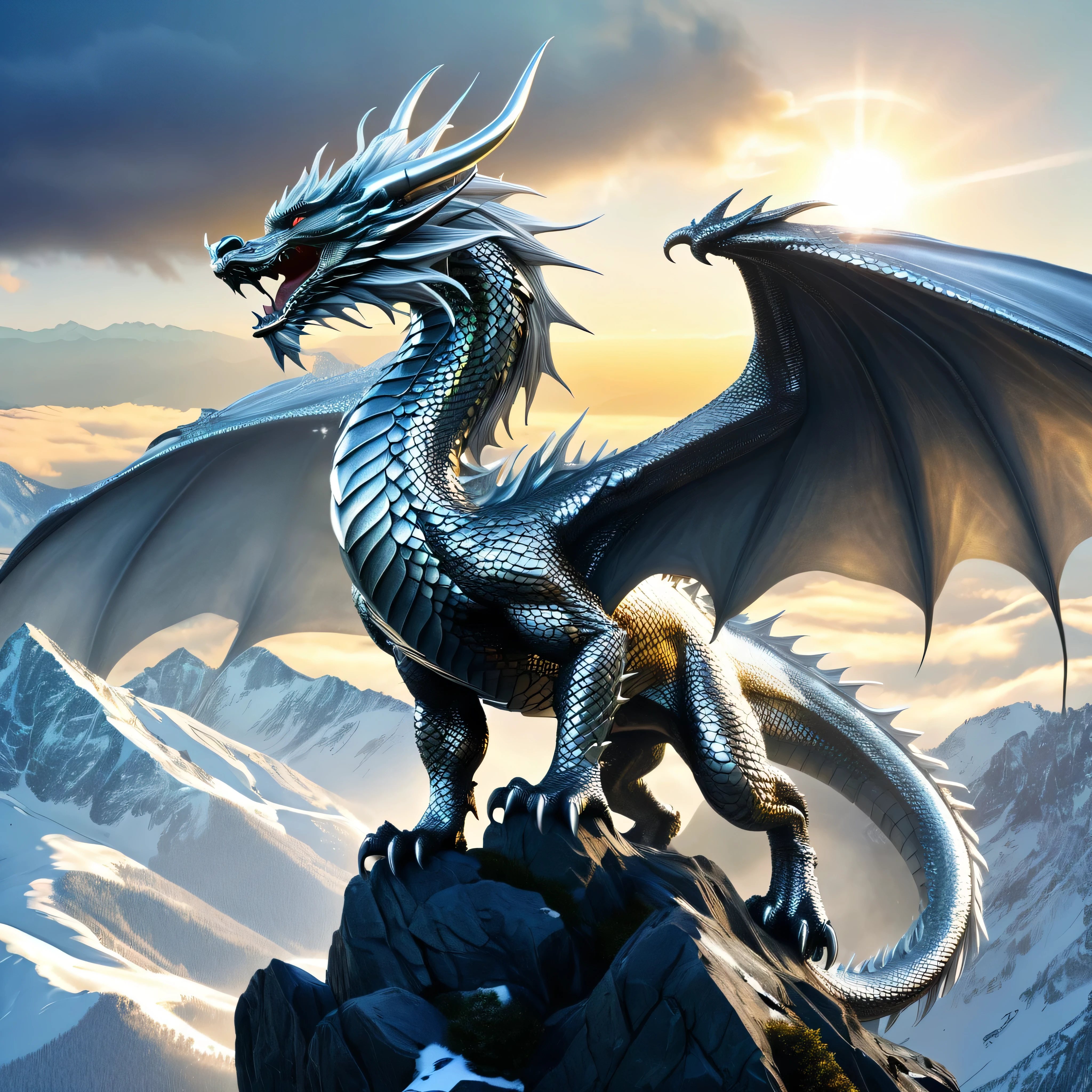 extreme long shot, heroic view, BREAK, A silver dragon with (2 wings) on a cloud shrouded mountain top, ((((falling snow )))), BREAK,  BREAK, mystical creature, realistic, ultra detailed, majestic, masterpiece, dynamic pose, sun rise lighting, snowy mountain top background 