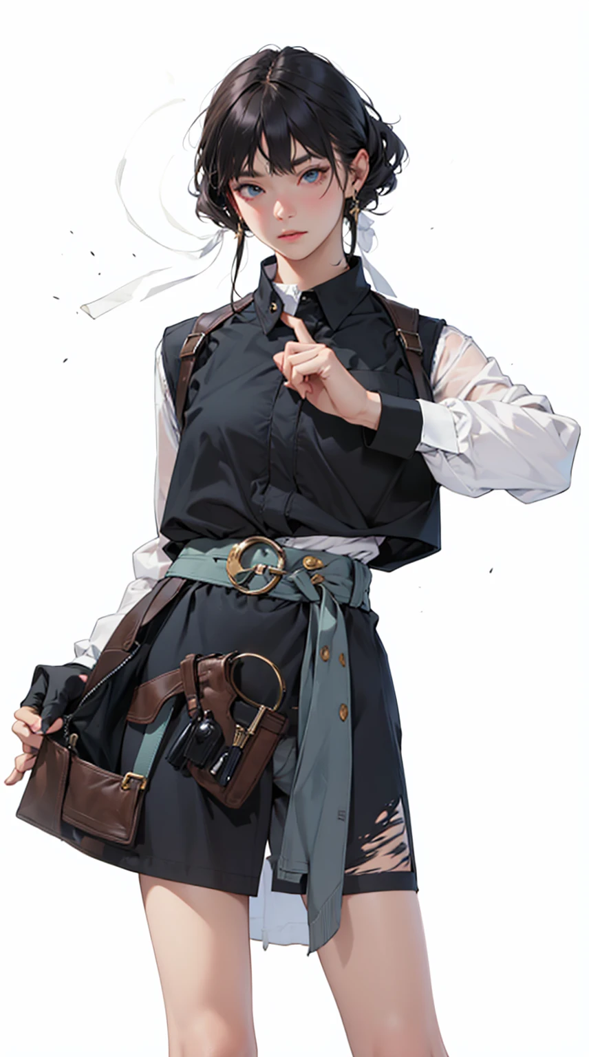 masterpiece, Top quality, Cowboy lens,Women's Focus,Black dress with floral pattern,cheongsam,cheongsam花纹,Gold pattern on the dress,(cheongsam花纹),(1 Girl,solo,White background,Simple background,Hair Bun,Black Hair,skirt,belt,Looking at the audience,earrings,Jewelry,Long sleeve,Hammerhead,黑色skirt,Standing,Realism,Lips,Bangs,belt,中国风skirt,index finger raised,permanent, Looking at the audience,Shut up,,Simple background,Solid color background,Light background
