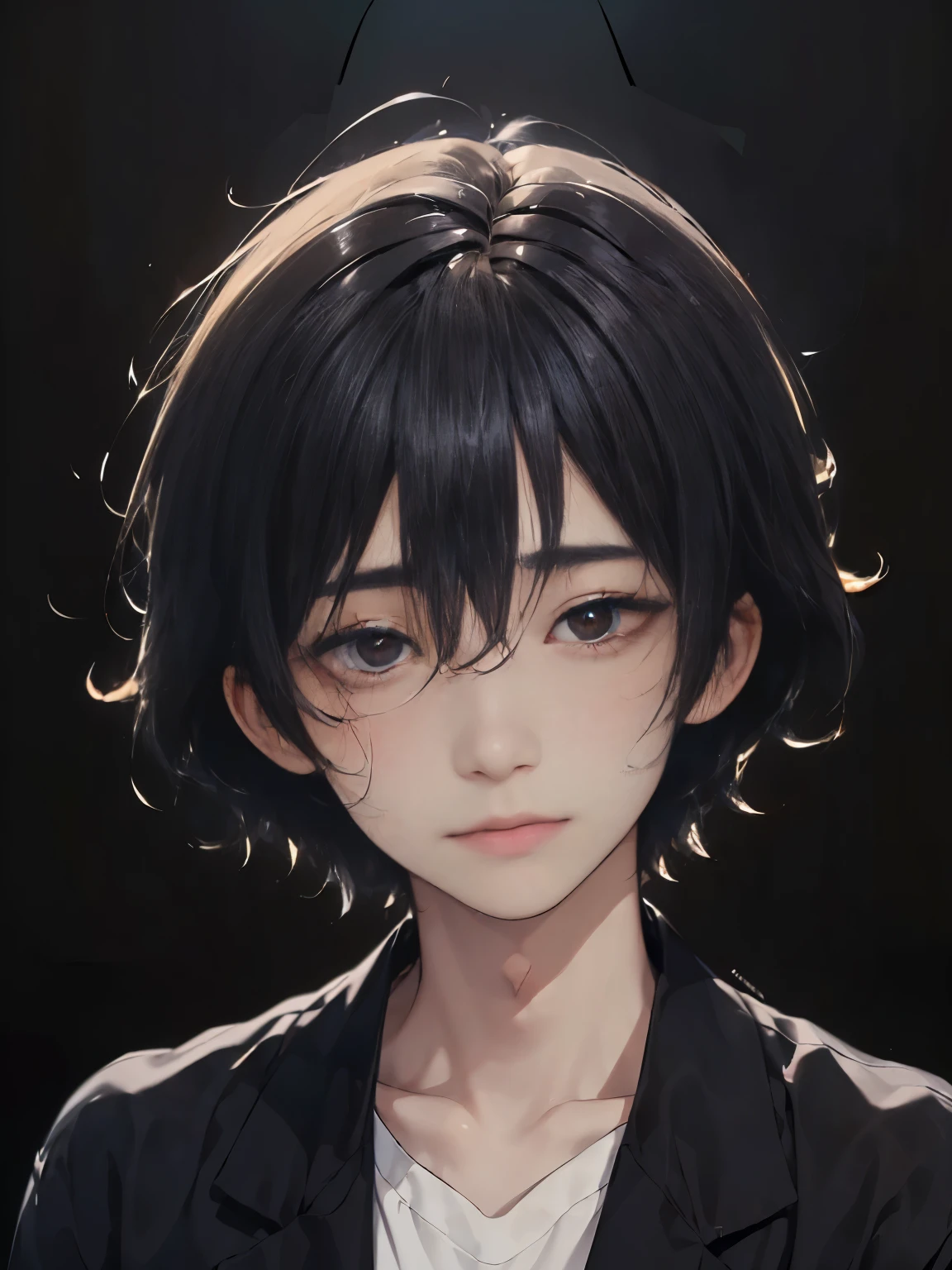 Masterpiece,best quality, one Japanese boy, 25 years old,(tall and thin,sleepy droopy eyes, long face, (thin cheeks:1.2),(black shaggy short hair,Close-up of a tired face、(Dark circles under the eyes:1.5)、front:1.5),(black suit:1.5),(Plain background:1.5),