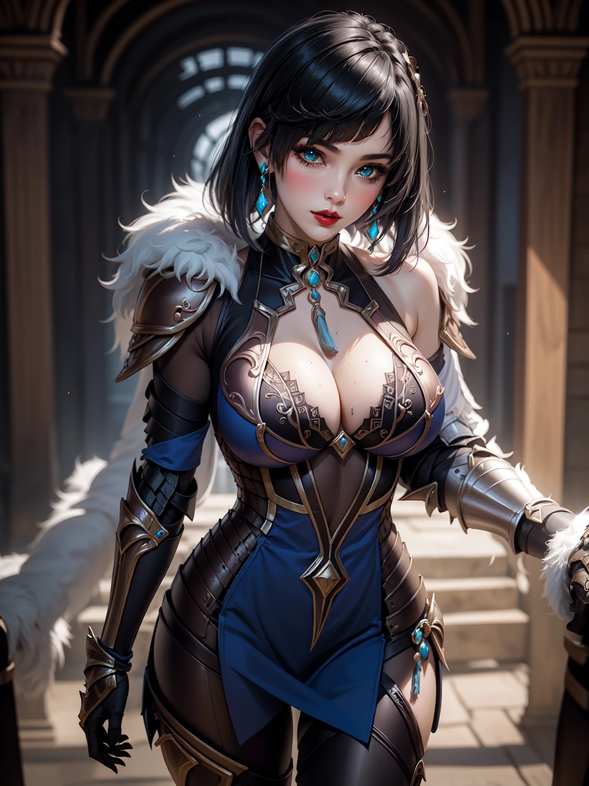 1female, (night), blush, large breasts, erotic pose, red lip, pretty face, elegant, masterpiece, ultra detail, jewellery, eyeliner, (dark forest), (sexy armor:1.8), (fantasy vibes:1.5), navel,
