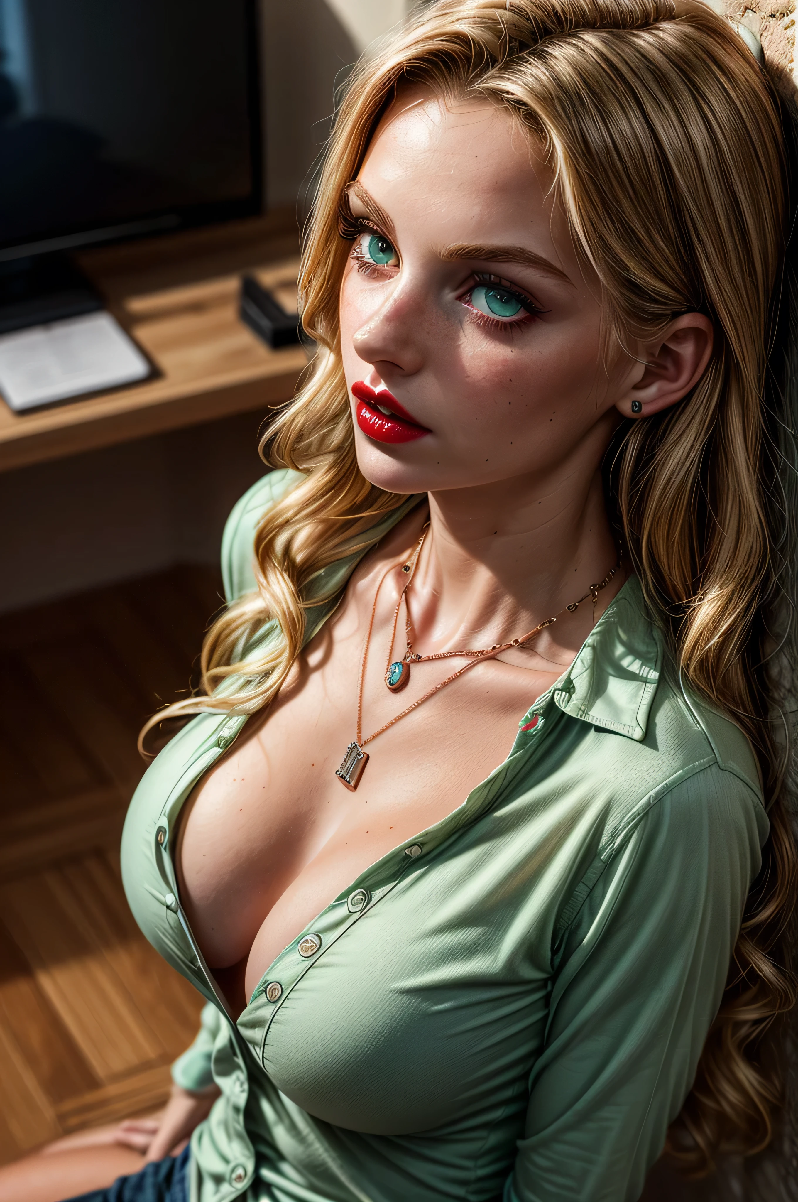 (masterpiece, photorealistic:1.4, extremely intricate:1.3), (photon mapping, radiosity, physically based rendering, ultra resolution, hyper-realistic, photorealistic:1.4, hyper-realistic, 8K), ((((19year teenage (closeup protrait girl), chest, [supermodel:bodybuilder:0.6], wide eyes, long lashes, [large breasts:medium breasts:0.2]), long curly cascade ([bright red hair:blonde hair:0.3])), [makeup:freckles:0.8], red lips, necklaces), clear green eyes), smirking, gasp, BREAK, ((indoor, bedroom, tan walls, soft cinematic, ambient shadow, ((loose red men's shirt unbuttoned), from above:0.4, looking away)))