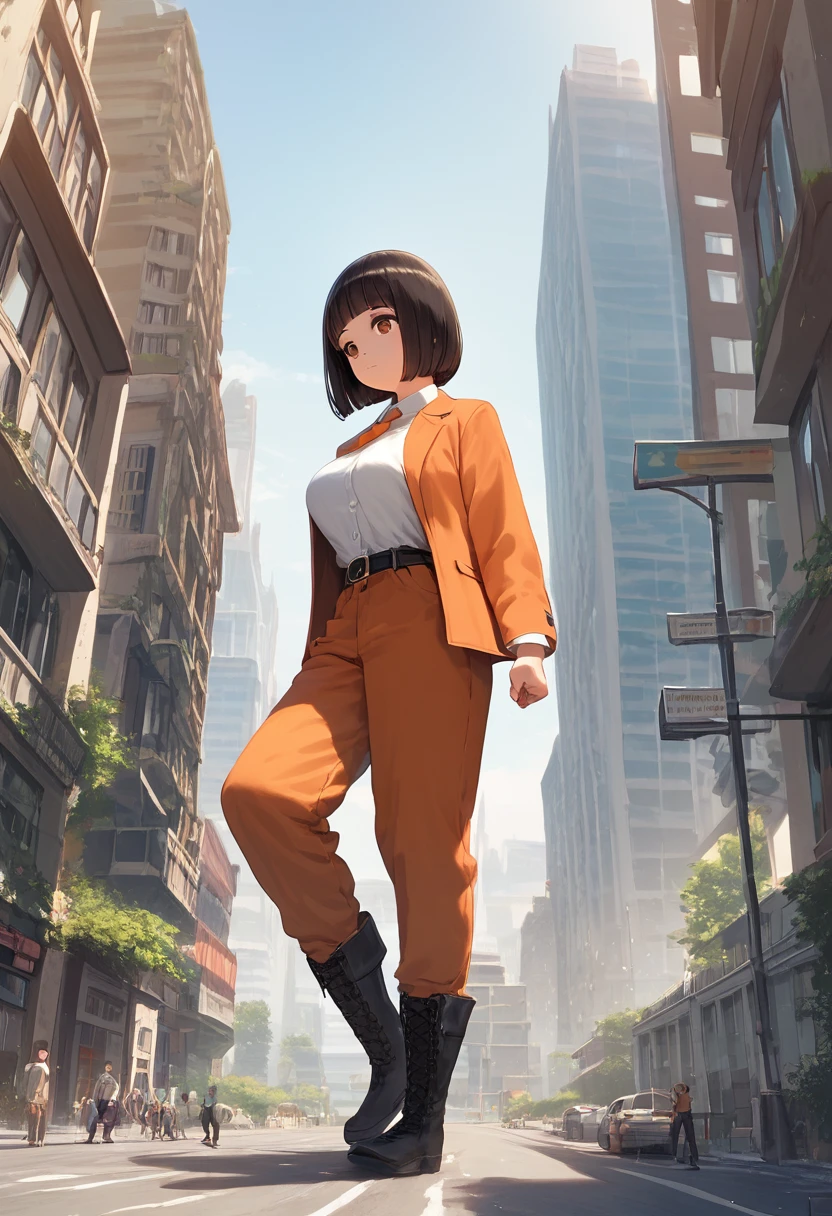score_9,score_8_up,score_7_up,masterpiece,best quality, source anime, realistic, super detailed, extreme detailed, rating_safe,
giantess, monster, standing, destroying a building with fist, taller than the building,
short hair, bob cut, (blunt bangs), black hair, (tareme, detailed cute brown eyes), curled eyelashes, (large breasts:0.9),
shiny hair, beautiful detailed eyes, beautiful face,
orange Jacket, white shirt, orange tie, orange pants, black belt, black boots,
expressionless, outdoors, office district, street, building,