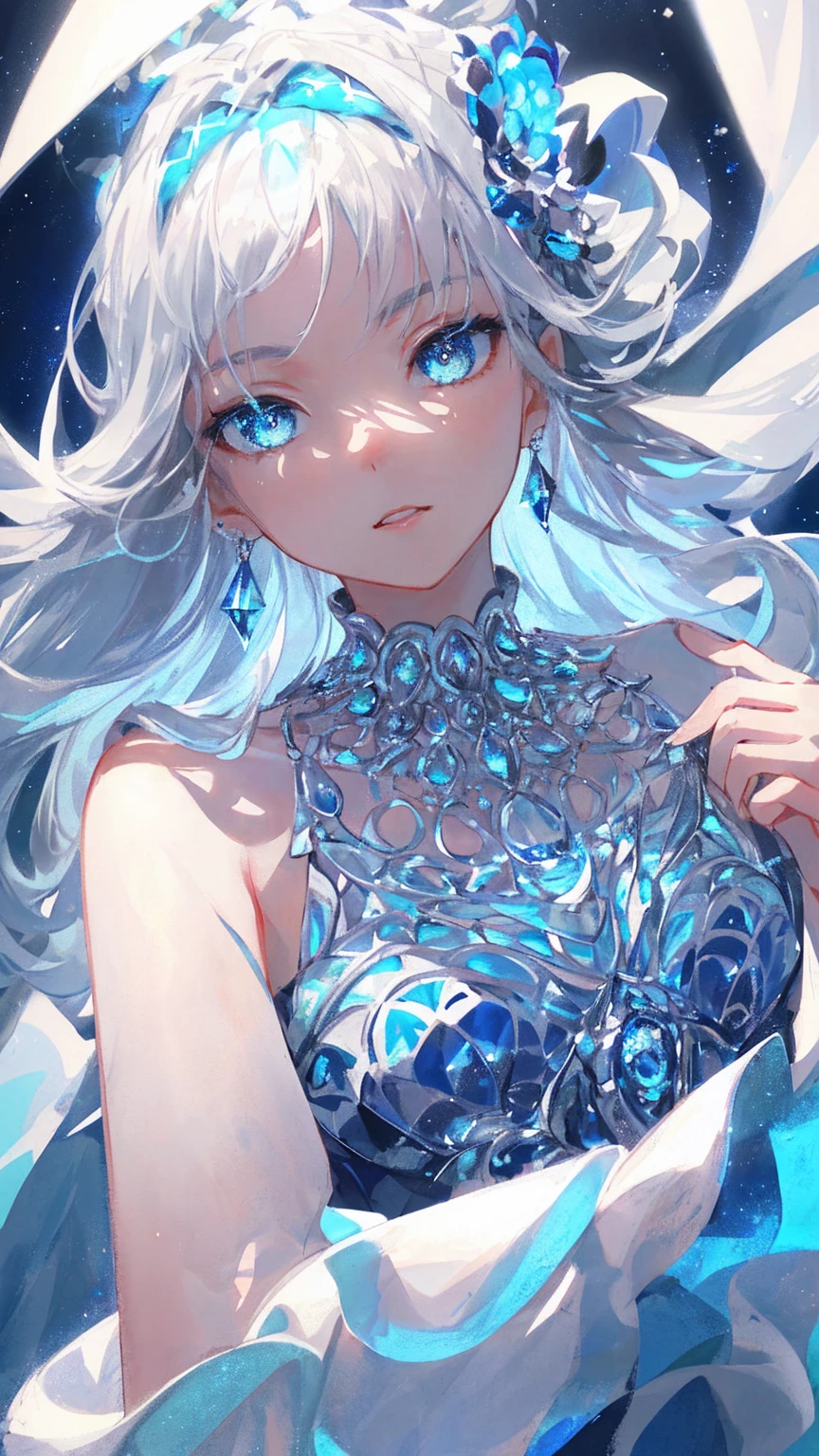 Full body ,masterpiece, full body,best quality, illustration, sax blue, platinum earrings, platinum necklace, white dress, 1girl, cute, (dynamic lighting:1.2), cinematic lighting, delicate facial features, detailed eyes, sharp pupils, realistic pupils, depth of field, bokeh, sharp focus, (hyper-detailed, bloom, glow:1.4), many small gems
