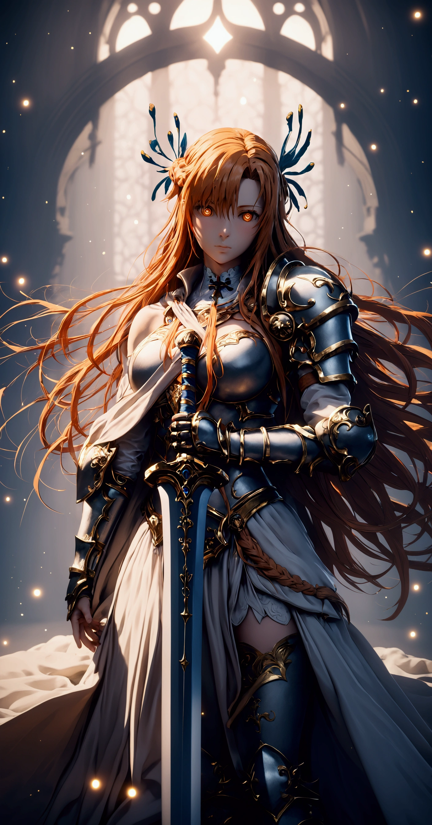 (harayutaka art style:0.7), (hero neisan art style:0.7), score_9, score_8_up, score_7_up, score_6_up, uncensored, Asuna Yuuki long hair, orange hair, fold hair, braid, orange eyes BREAK, glow effects, godrays, Hand drawn, render, 8k, octane render, cinema 4d, blender, dark, atmospheric 4k ultra detailed, cinematic, Sharp focus, big depth of field, Masterpiece, colors, 4k, concept art, trending on artstation, Vivid colors, extremely detailed CG unity 8k wallpaper, trending on CGSociety, Intricate, High Detail, dramatic BREAK, large breasts, holding, standing, weapon, female focus, sword, cape, holding weapon, armor, holding sword, shoulder armor, gauntlets, facing viewer, pauldrons, breastplate, planted, full armor, bokeh, backlighting, firefly, fireflies, hollow eyes, bright pupils,