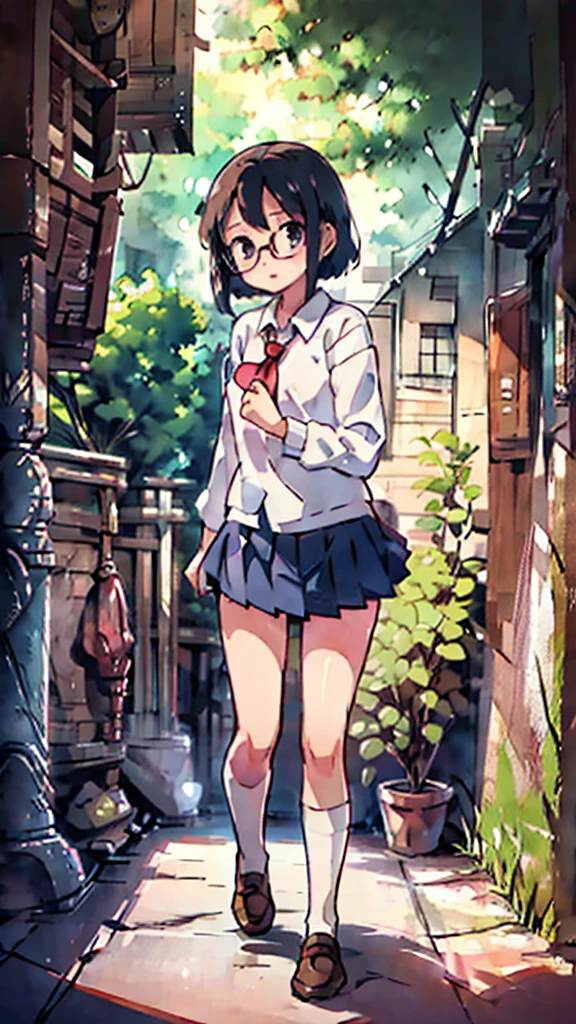 Nsfw、masterpiece, high quality, 4K, HDR,, Stable Diffusion prompt: schoolgirl with short、brown hair and red-framed glasses, wearing a white blouse and navy skirt, white panties visible, navy socks and brown loafers, in a state of arousal and trembling with sexual climax,simple illustration style, in a nichijou (everyday life) setting