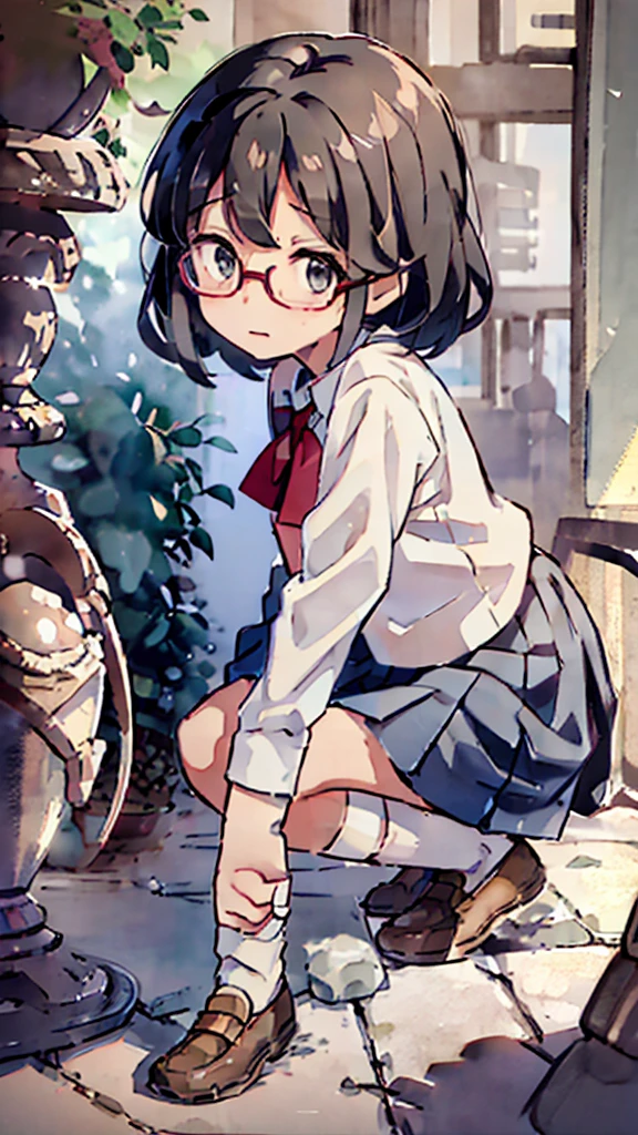 Nsfw、masterpiece, high quality, 4K, HDR,, Stable Diffusion prompt: schoolgirl with short、brown hair and red-framed glasses, wearing a white blouse and navy skirt, white panties visible, navy socks and brown loafers, in a state of arousal and trembling with sexual climax,simple illustration style, in a nichijou (everyday life) setting