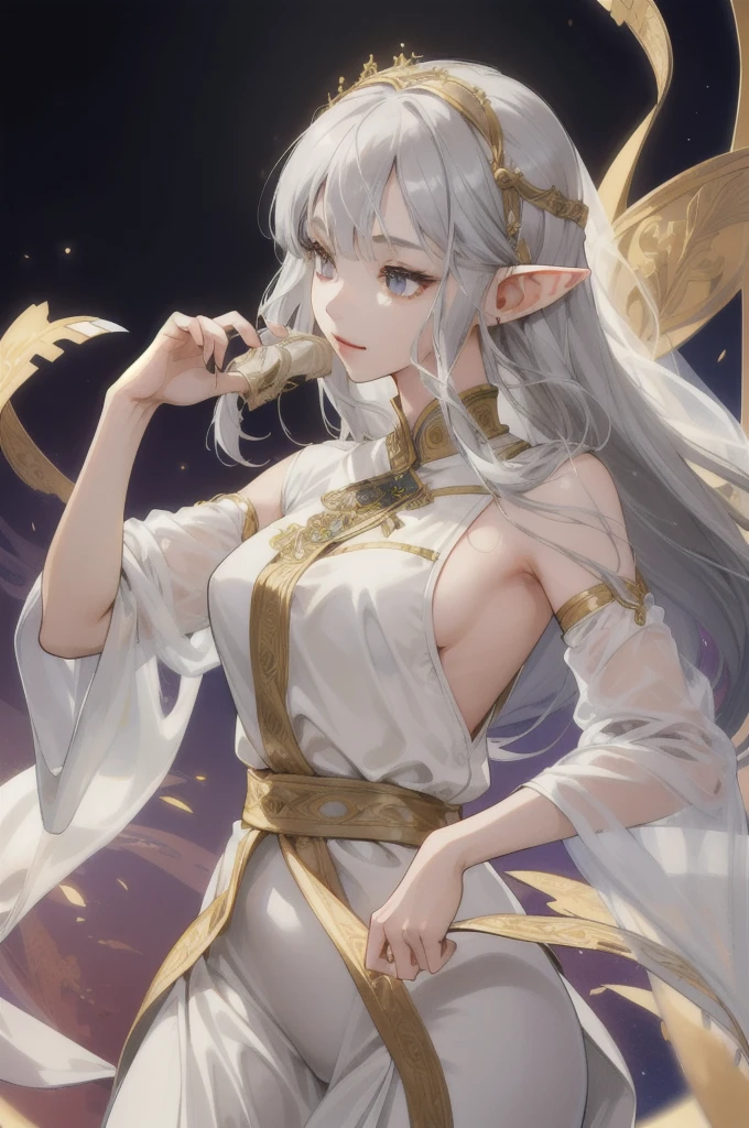 (Absurd, High resolution, Super detailed), (One girl:1.3), Gray Hair,whole body、Elf、Long Hair, Bangs, Hime cut, Gold Accessories、Arabian dancer in white costume、god々Shii、Simple Background, Character portrait, Character design drawings, Gaze, 