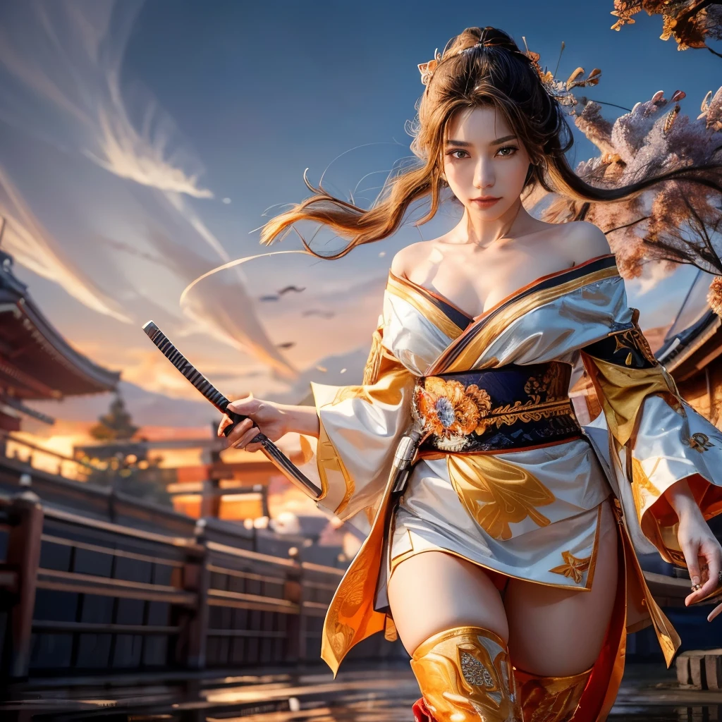 (RAW shooting, Photorealistic:1.5, 8k, Highest quality, masterpiece, Ultra-high resolution), sengoku, The fires of war are burning everywhere, With Japanese architecture as a background, Perfect dynamic composition:1.2, Realistic:1.3, Highly detailed skin and facial textures:1.3, A slender female samurai holds a Japanese sword high in the air:1.2, Fight:1.2, beautifully、aesthetic:1.2, Cute and sexy beauty, Perfect Style, Wear an exquisite ring, water, Wind, thunder, ice, Fair skin, Very beautiful face, (Mid-chest, Chest gap), (Embarrassed smile, Her facial expression when she felt intense caressing, Facial expressions when feeling happy), (Wearing a sexy sengoku uniform:1.1, Off the shoulder), (Beautiful Blue Eyes, Beautiful erotic eyes:0.8), (Too erotic:0.9, Fascinating:0.9), Full Body Shot