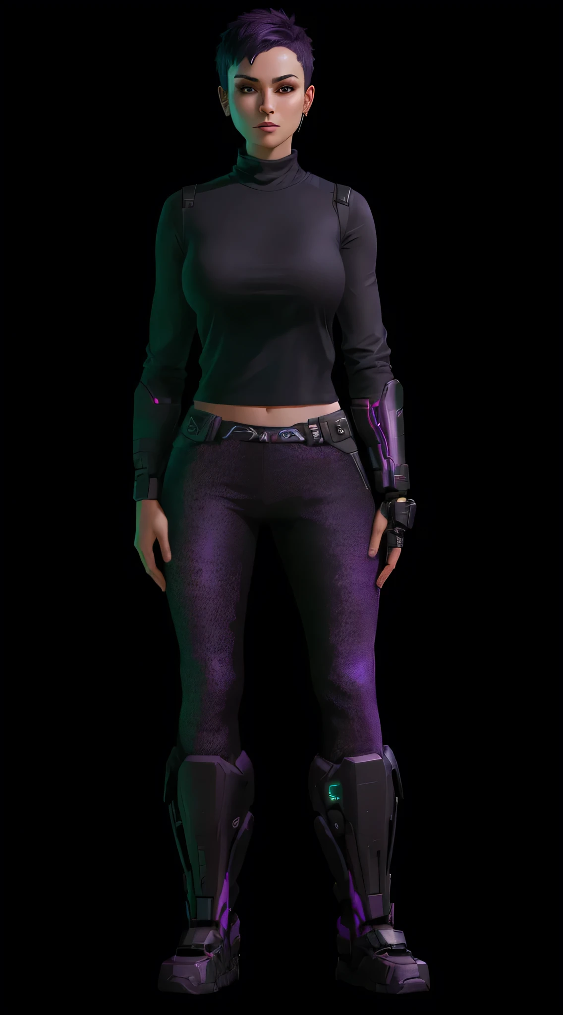 
Arafed woman wearing a black top and purple pants posing for a photo., full body render, character rendering, female character, short hair, female main character, sci fi female character, hyper detailed full body shot, HIGH RESOLUTION RENDERING, in a dark space mercenary suit, Realistic character concept, in game rendering, full body details, full body character, full length character portrait