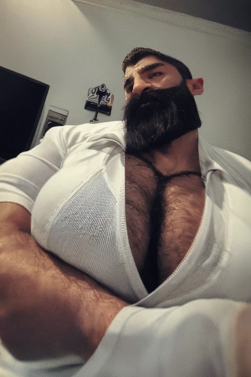 Very muscular Italian man in chef clothes with bare breasts touching his chest