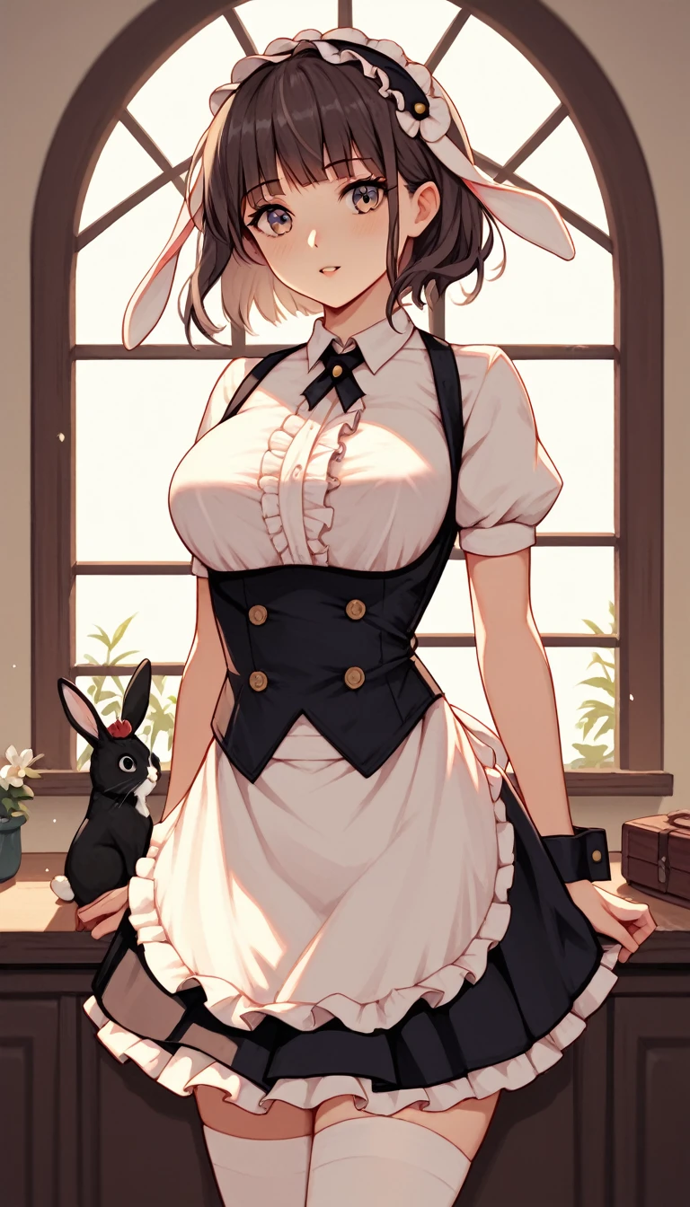 16k,frilled hairband, black hairband, fake animal ears, rabbit ears, frilled white shirt, puffy short sleeves, center frills, black wrist cuffs, black skirt, black under bust, white apron, waist apron, frilled apron, fleur de lapin uniform, white thighhighs