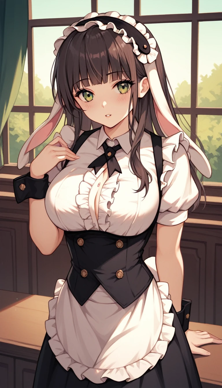 16k,frilled hairband, black hairband, fake animal ears, rabbit ears, frilled white shirt, puffy short sleeves, center frills, black wrist cuffs, black skirt, black under bust, white apron, waist apron, frilled apron, fleur de lapin uniform, white thighhighs